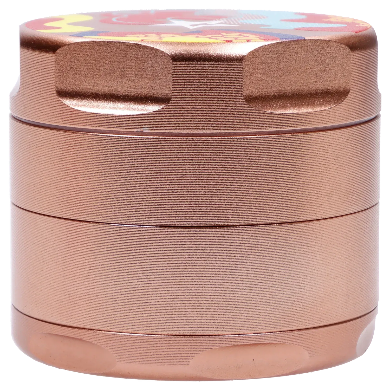 Close-up front view of the Famous Design Papaya Aluminum 4pc Grinder - Rose Gold showing textured concentric ridges and finger notches on the metallic lid.