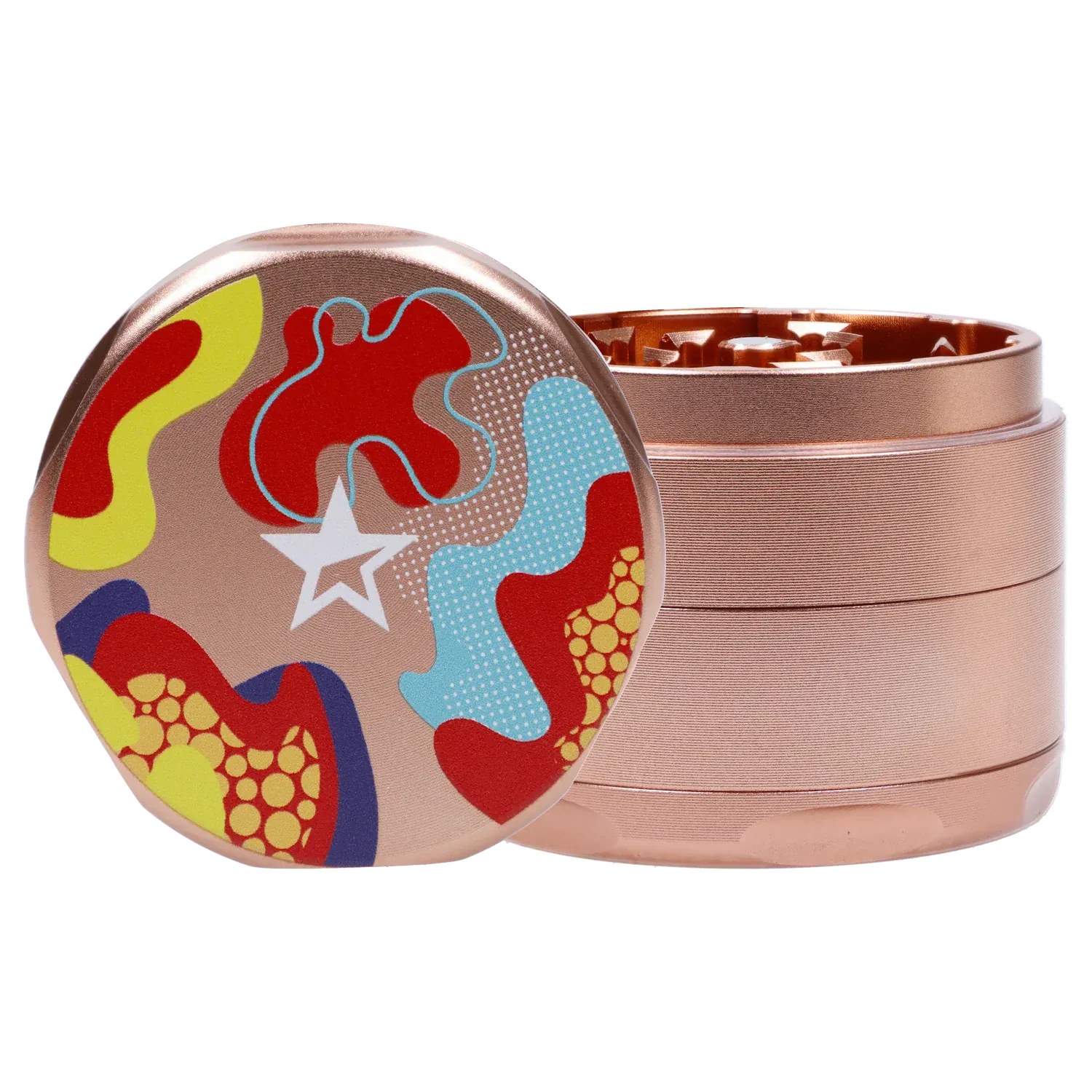Close-up three-quarter view of the Famous Design Papaya Aluminum 4pc Grinder - Rose Gold showing its colorful abstract top art and stacked metallic rose-gold chambers.