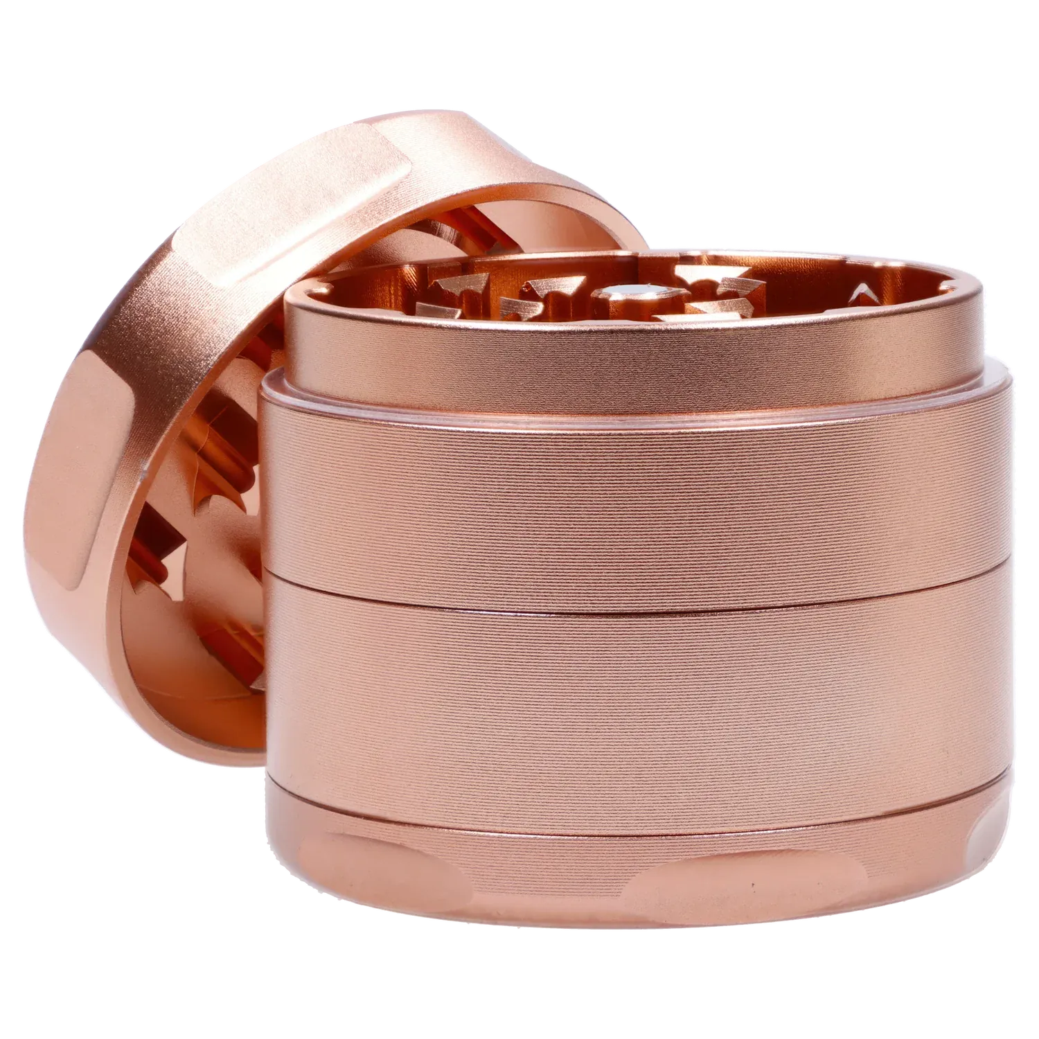 Close-up angled view of the Famous Design Papaya Aluminum 4pc Grinder - Rose Gold showing its stacked cylindrical chambers and exposed serrated teeth.