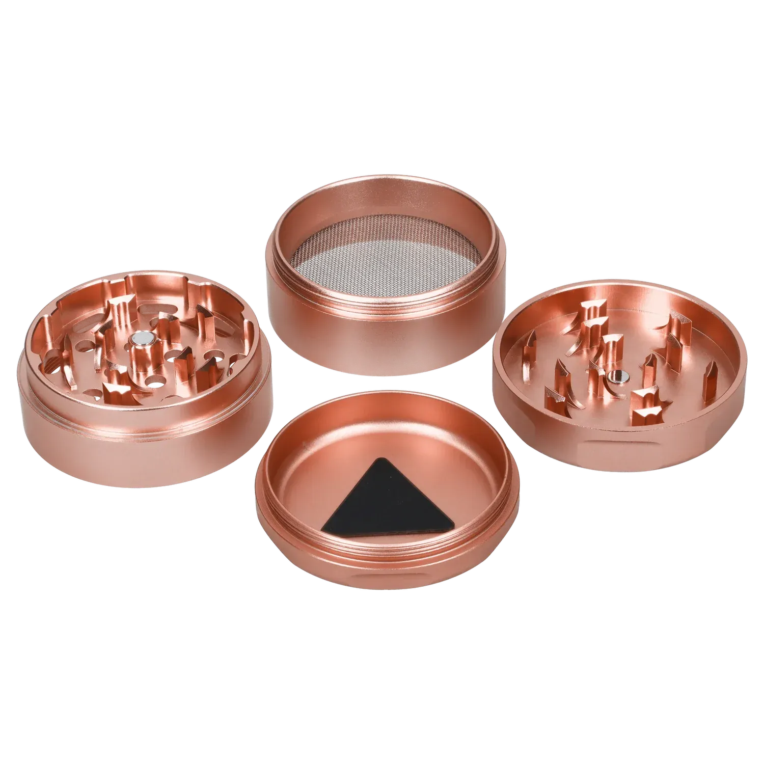 Top-down view of the four separated rose gold Famous Design Papaya Aluminum 4pc Grinder pieces showing two toothed halves, a mesh screen chamber, and a magnetic base.