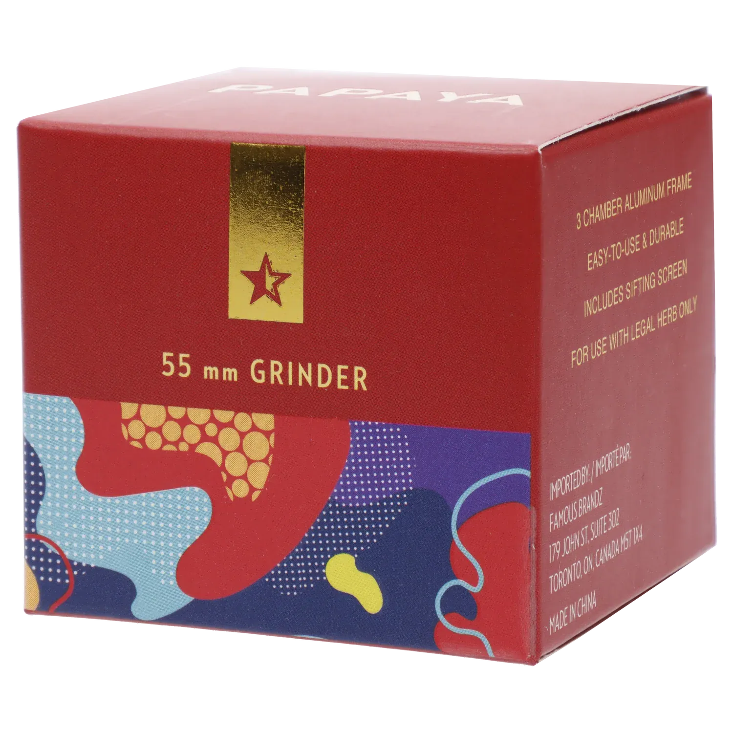 Angled close-up of the red box showing "55 mm GRINDER" and patterned lower panel, featuring the Famous Design Papaya Aluminum 4pc Grinder - Rose Gold name.