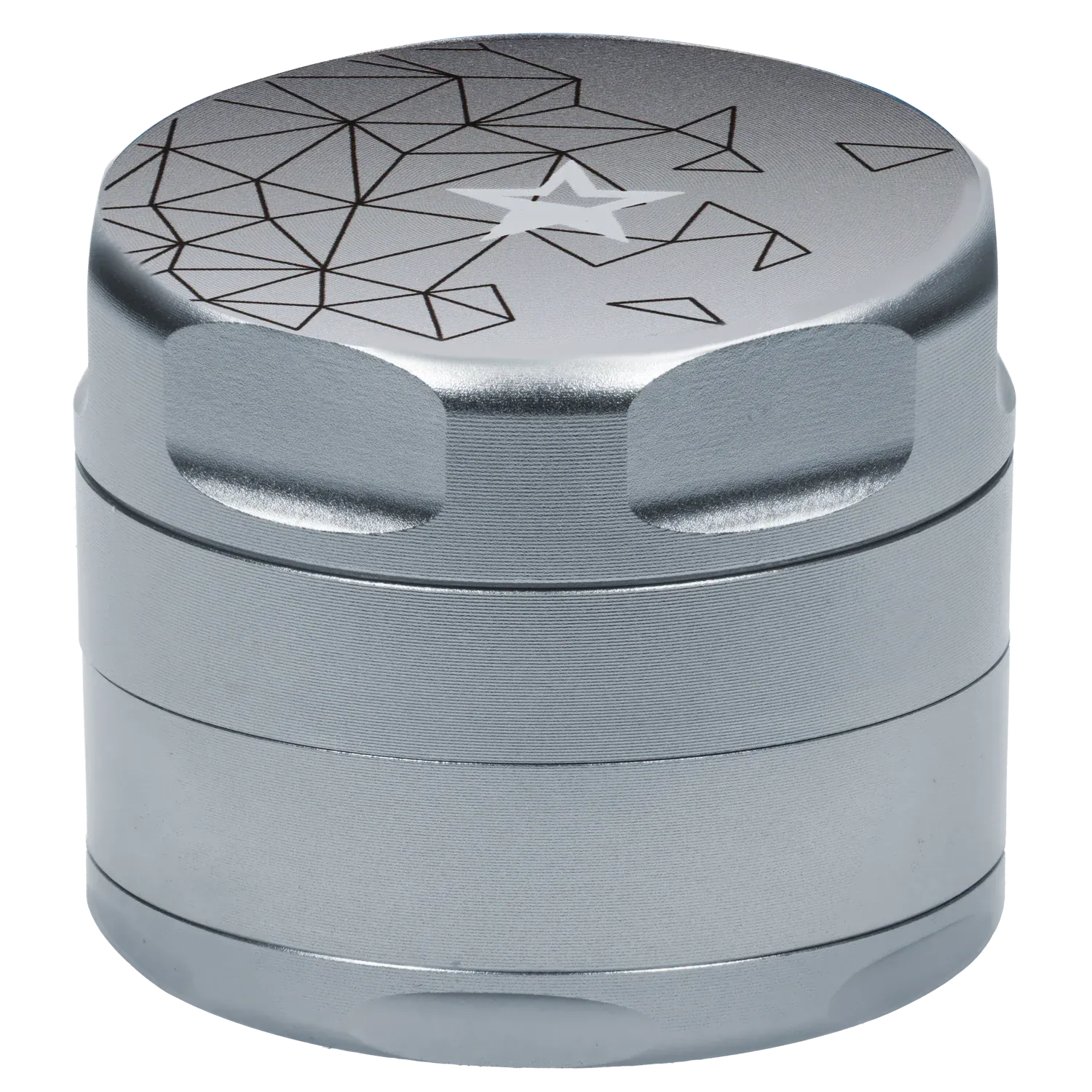 Close-up angled view of the Famous Design Space Aluminum 4pc Grinder - Silver showing its textured silver finish, scalloped grip edges, and geometric star design on the top.