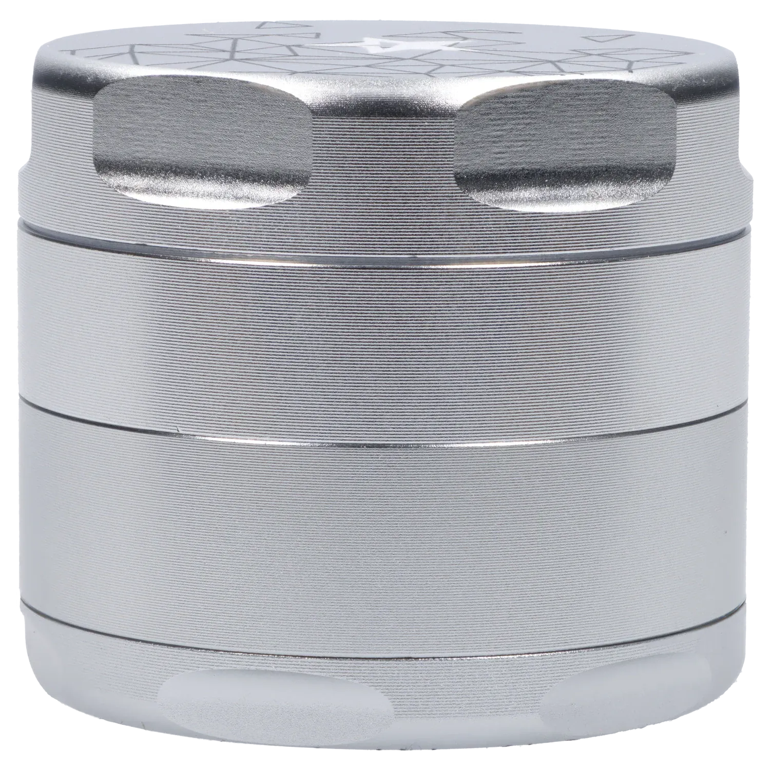 Close-up front view of the silver Famous Design Space Aluminum 4pc Grinder showing concentric ridged metal bands and rounded grip indents.