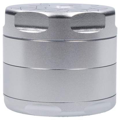 Close-up front view of the silver Famous Design Space Aluminum 4pc Grinder showing concentric ridged metal bands and rounded grip indents.