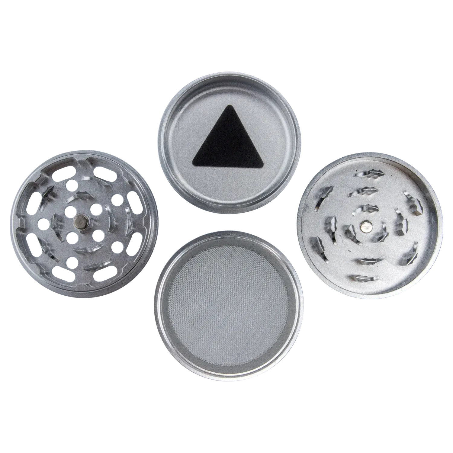 Overhead view of the Famous Design Space Aluminum 4pc Grinder - Silver showing its four separated circular pieces, textured screen, and triangular magnet in a flat layout