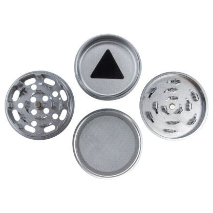 Overhead view of the Famous Design Space Aluminum 4pc Grinder - Silver showing its four separated circular pieces, textured screen, and triangular magnet in a flat layout