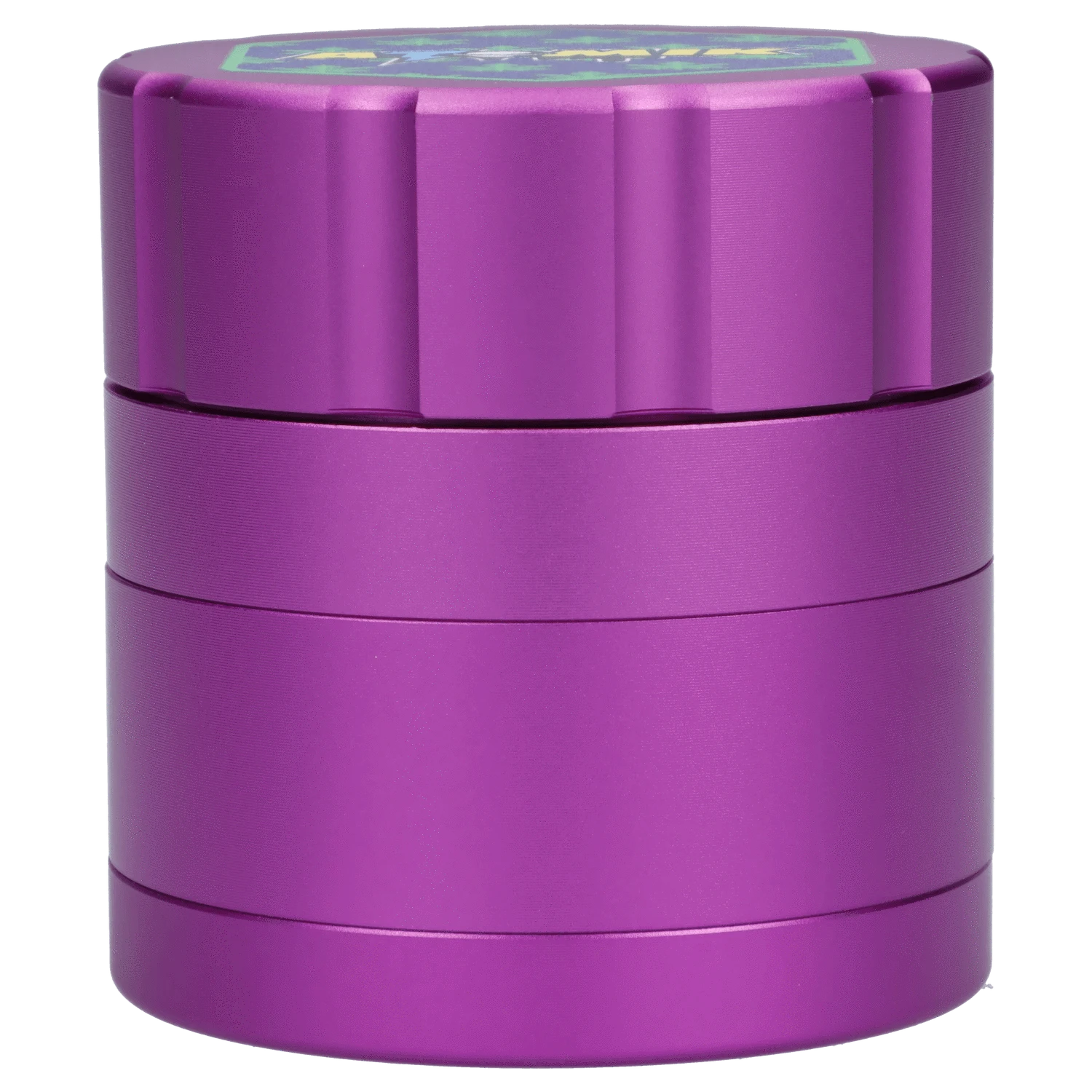 A close-up, angled view of the Atomik Pixelated 55 mm 3-Stage Grinder, showcasing its metallic, multi-tiered construction.