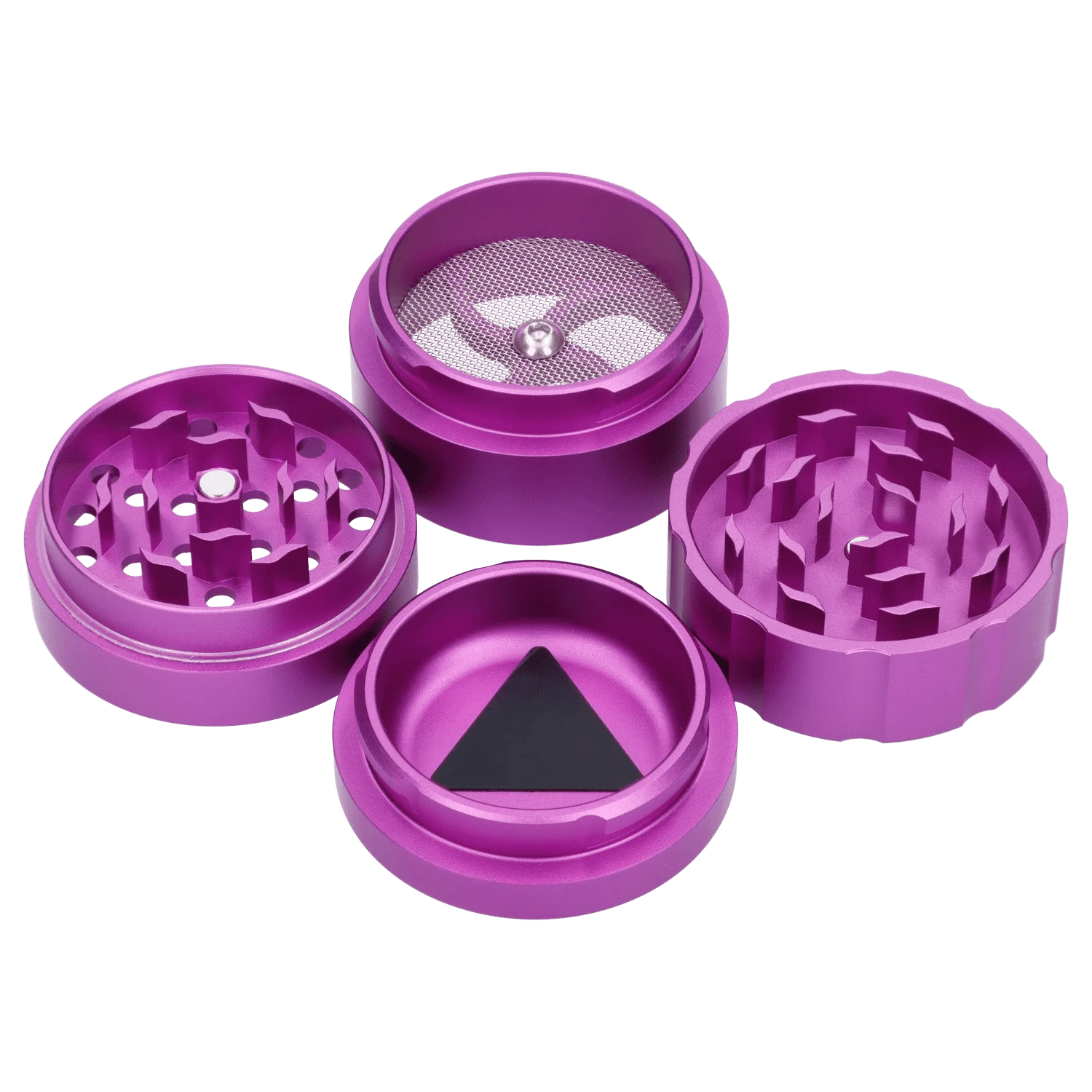 A close-up, angled view of the Atomik Pixelated 55 mm 3-Stage Grinder, showcasing its multi-tiered metallic purple construction.