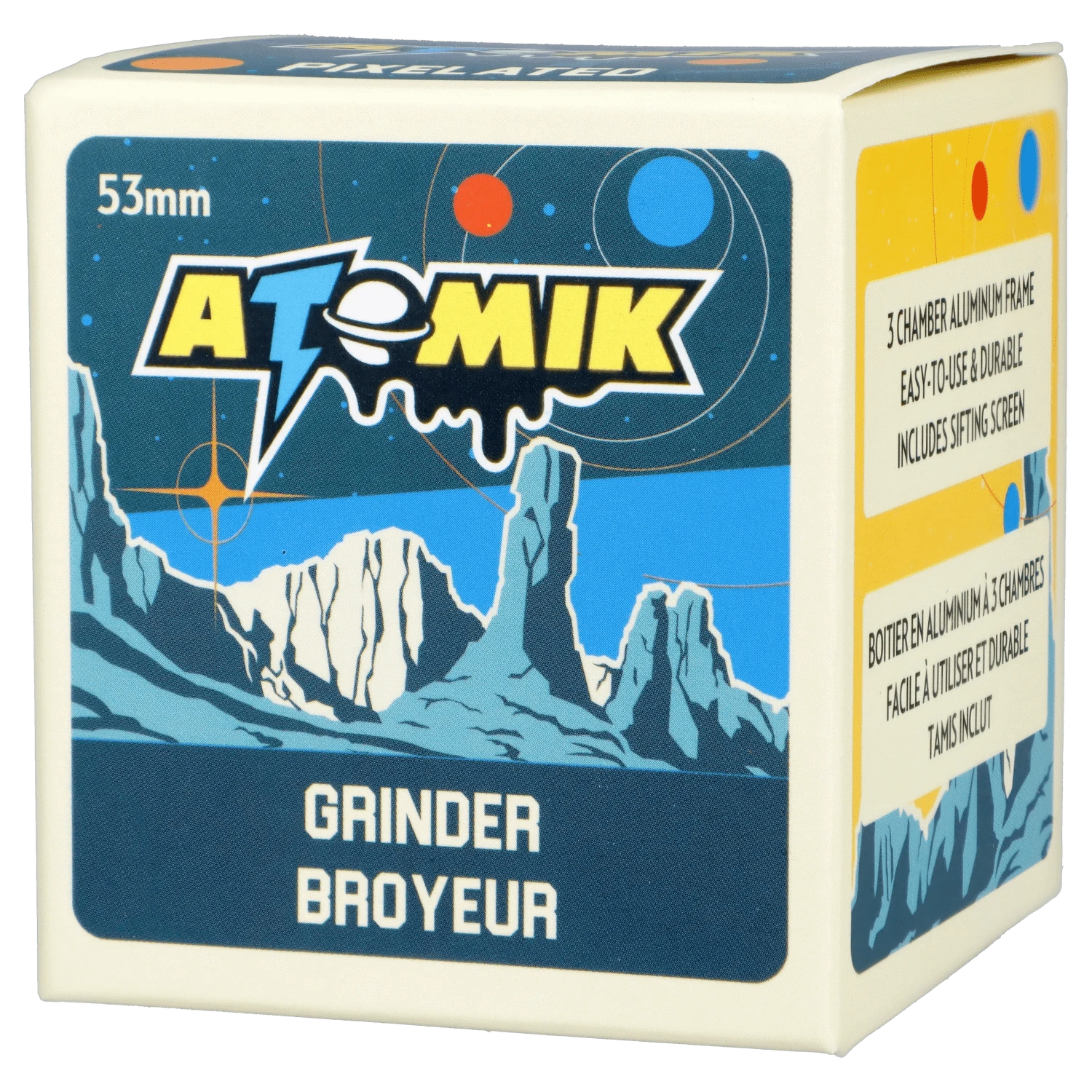 Front view of the Atomik Pixelated 55 mm 3-Stage Grinder, showcasing its colorful, pixelated design and tiered construction.