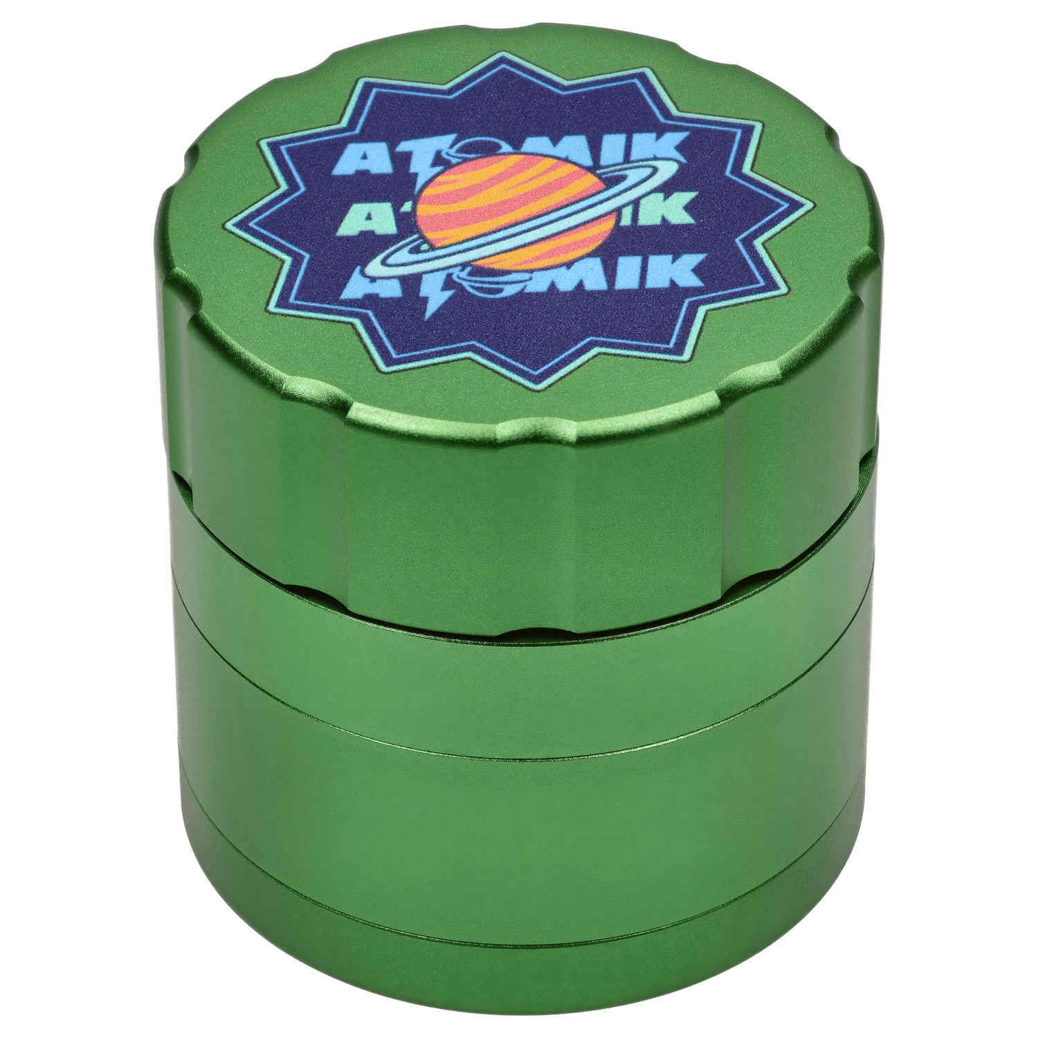 Front view of the Atomik Ringed 55 mm 3-Stage Grinder, showcasing its layered, metallic design with a circular pattern.