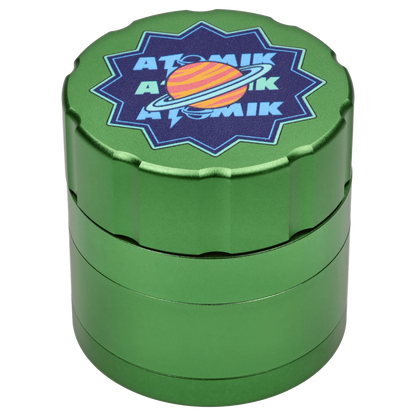 Front view of the Atomik Ringed 55 mm 3-Stage Grinder, showcasing its layered, metallic design with a circular pattern.