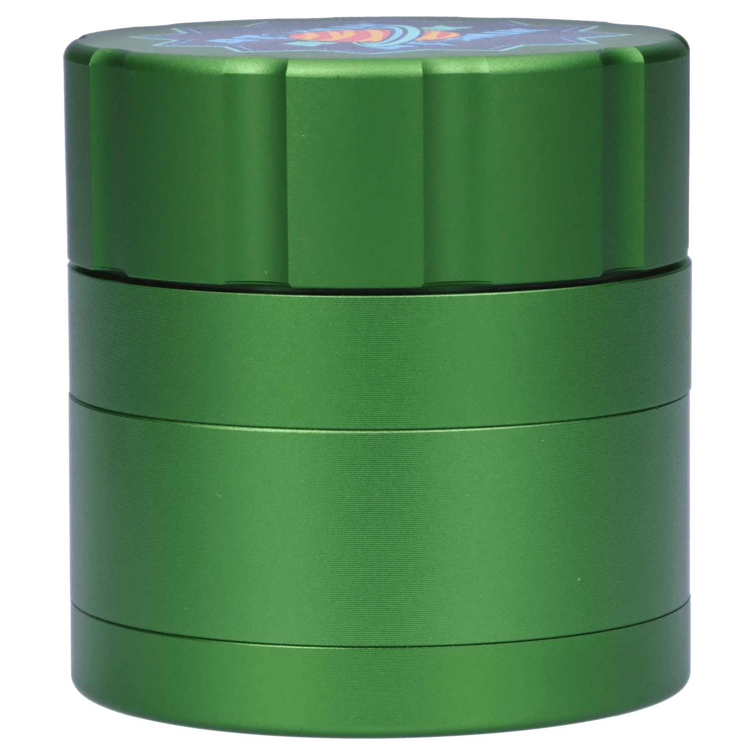 Front view of the Atomik Ringed 55 mm 3-Stage Grinder, displaying a metallic, ringed design with multiple tiers.