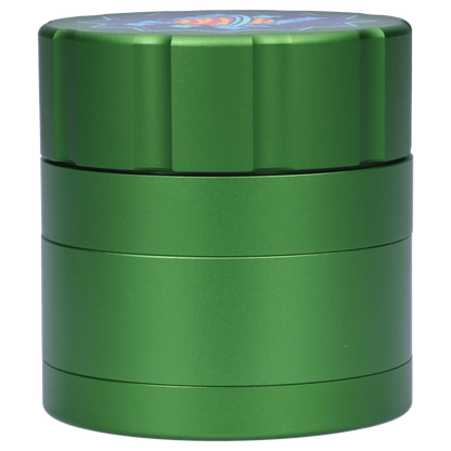 Front view of the Atomik Ringed 55 mm 3-Stage Grinder, displaying a metallic, ringed design with multiple tiers.