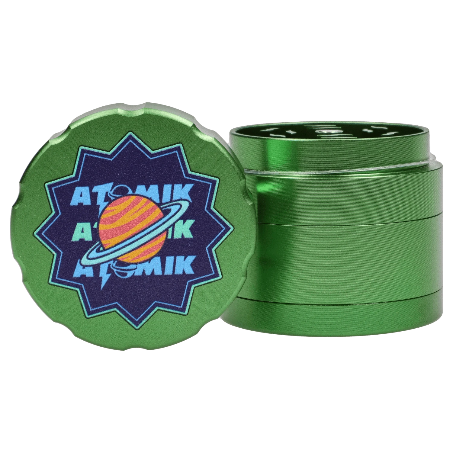 A close-up, angled view of the Atomik Ringed 55 mm 3-Stage Grinder, showcasing its circular, tiered design.