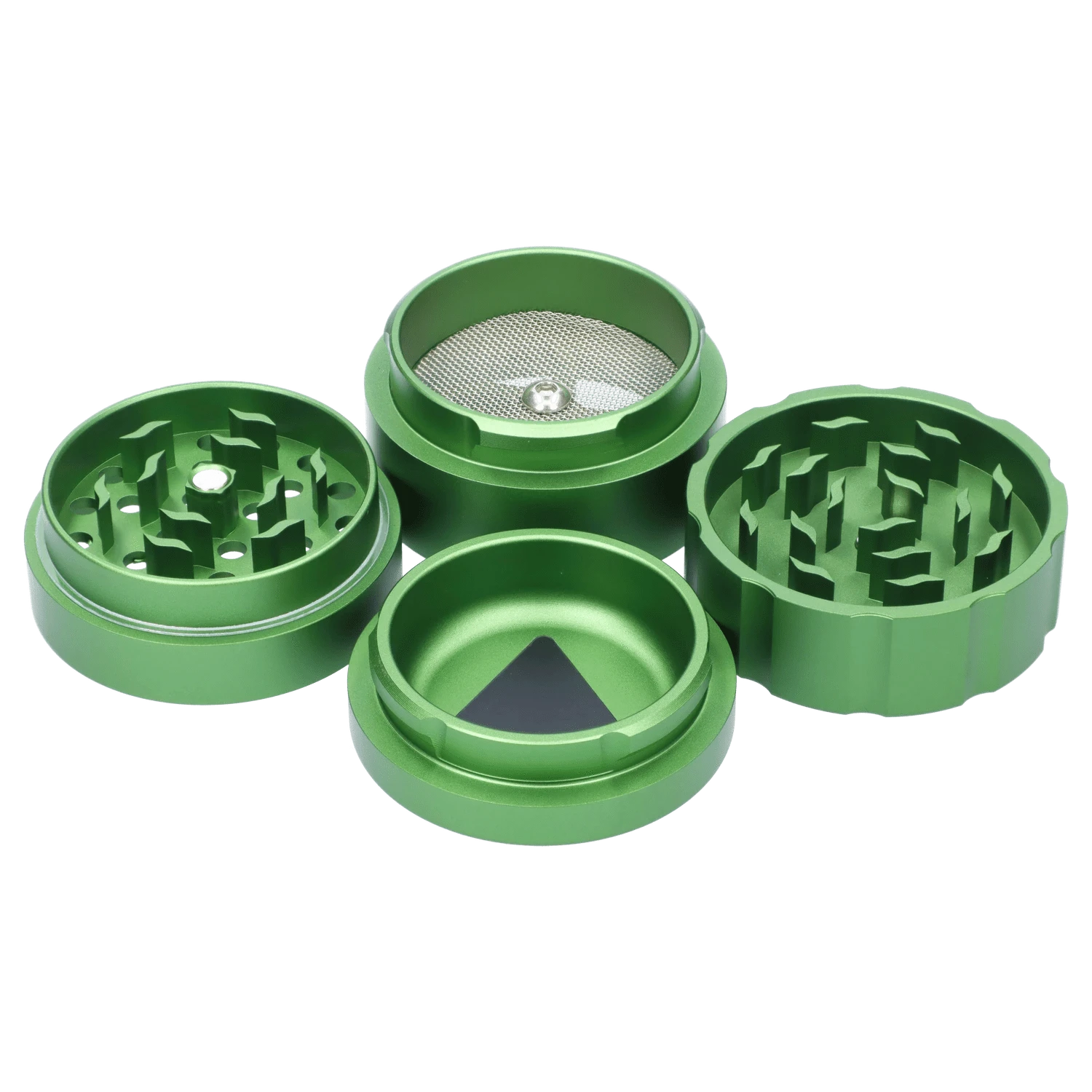 The Atomik Ringed 55 mm 3-Stage Grinder is pictured from above, showcasing its multi-tiered metal construction.