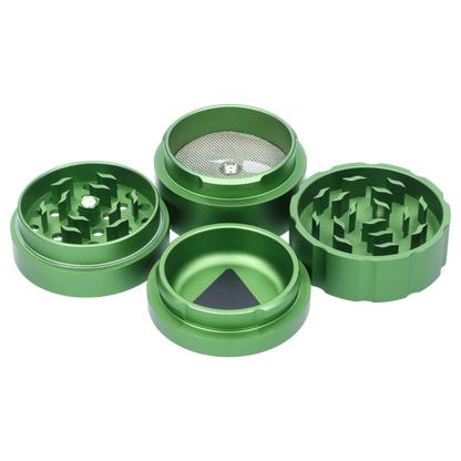 The Atomik Ringed 55 mm 3-Stage Grinder is pictured from above, showcasing its multi-tiered metal construction.