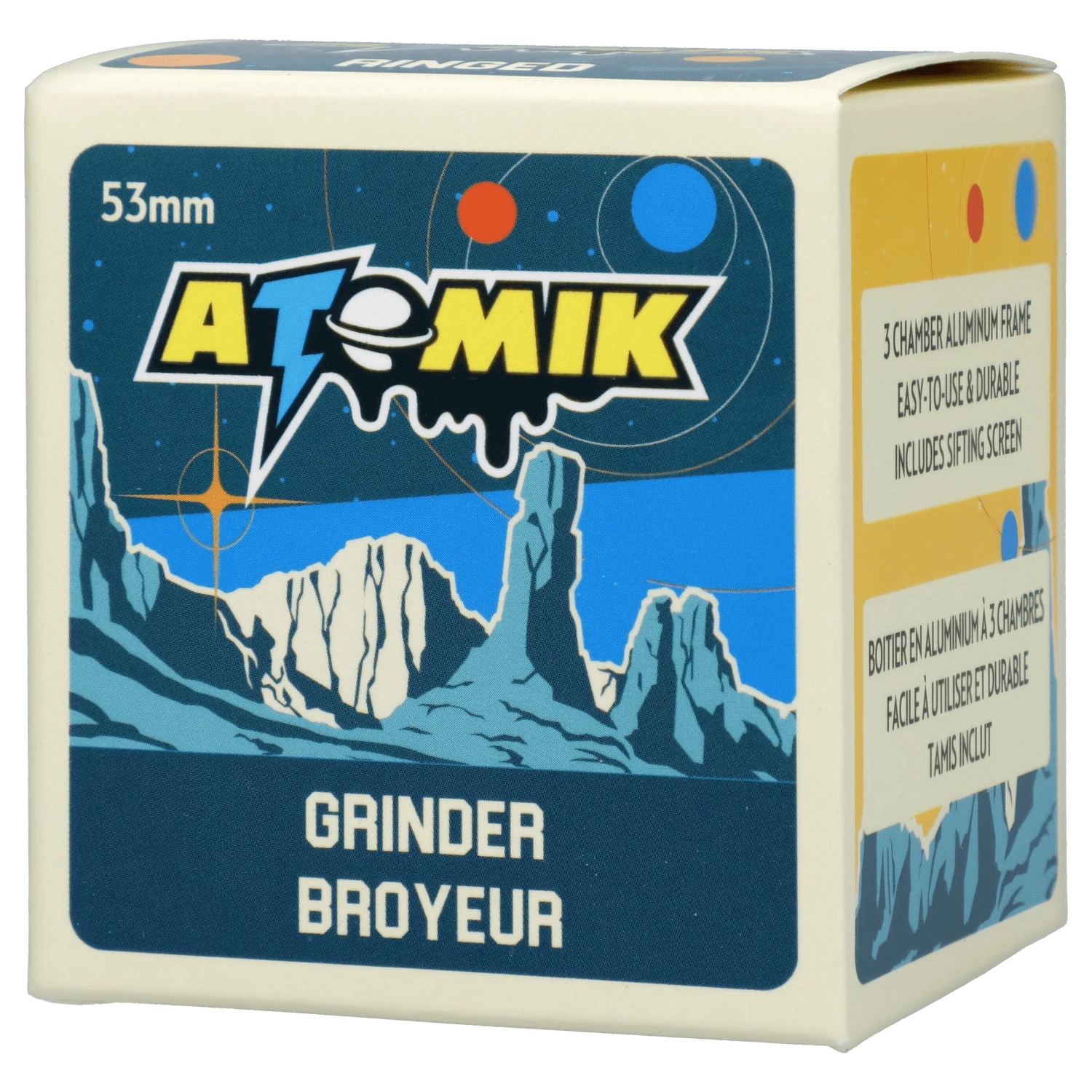 Front view of the Atomik Ringed 55 mm 3-Stage Grinder, showcasing its ringed design against a dark background.