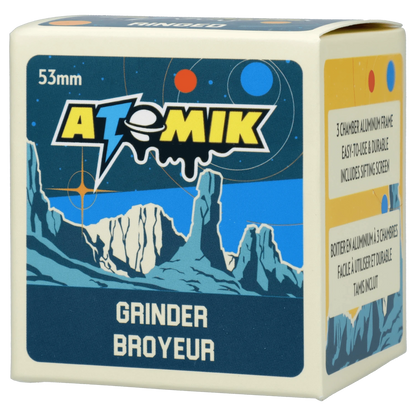 Front view of the Atomik Ringed 55 mm 3-Stage Grinder, showcasing its ringed design against a dark background.