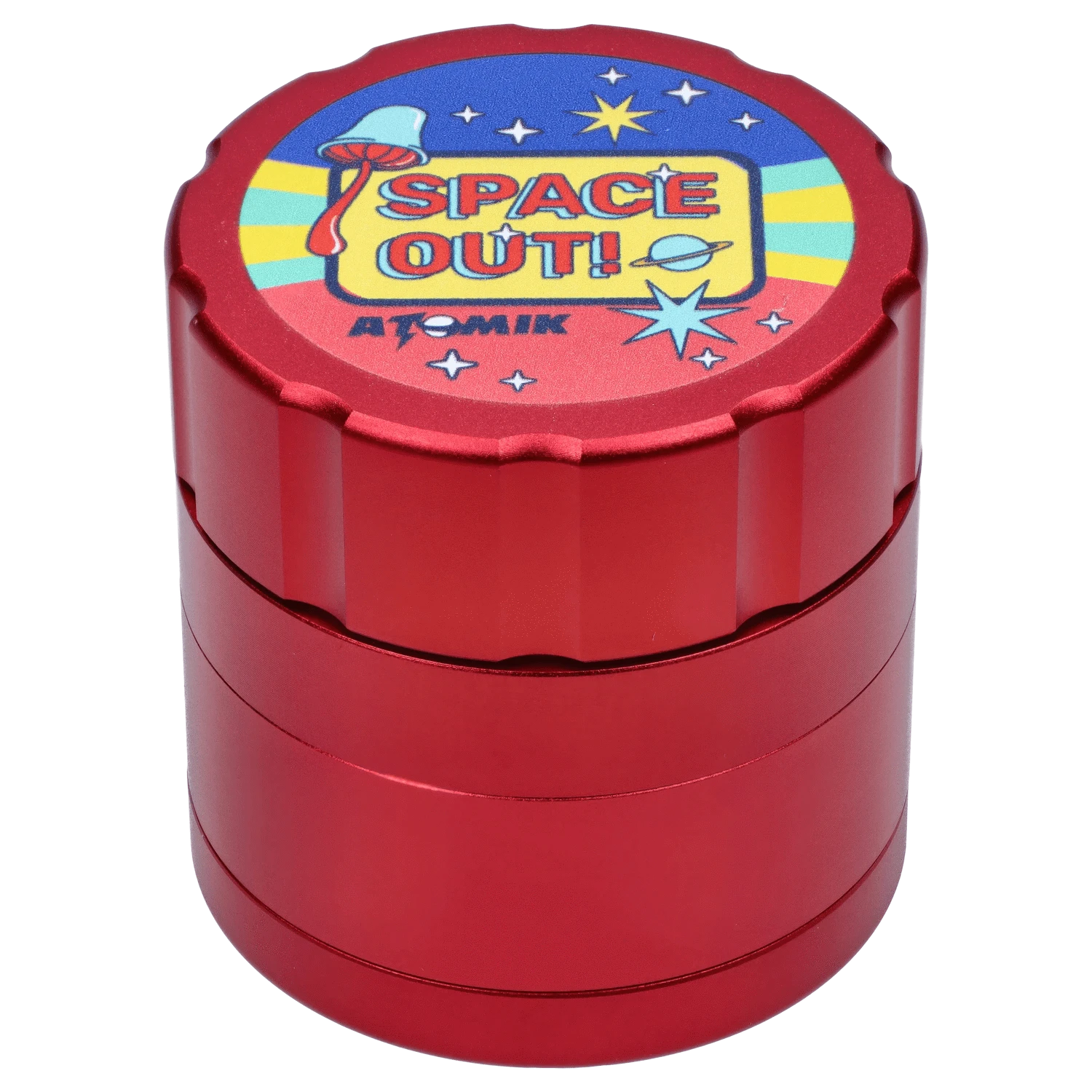 Front view of the Atomik Spaced 55 mm 3-Stage Grinder, a metallic grinder reflecting bright studio lighting.