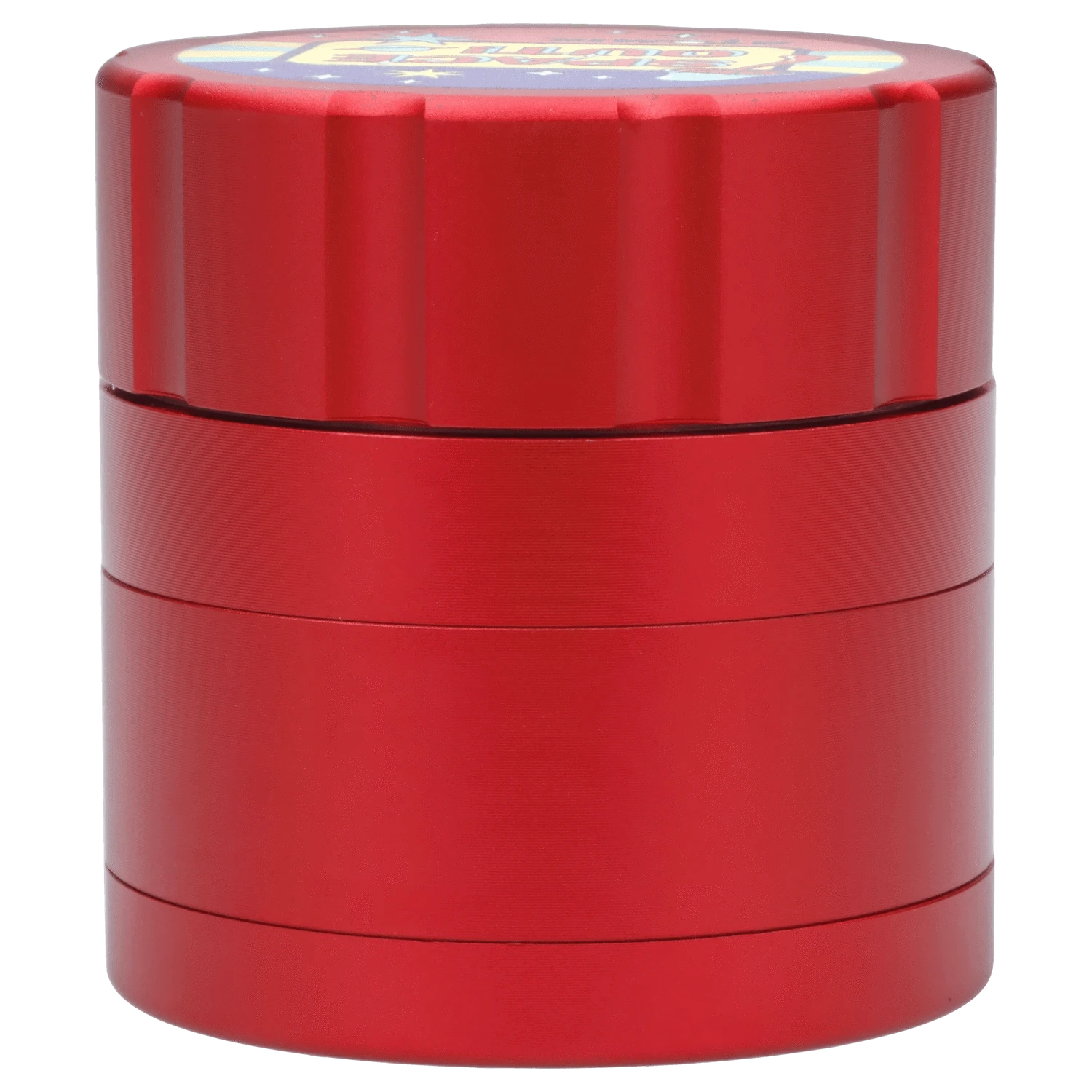 Front view of the Atomik Spaced 55 mm 3-Stage Grinder, a silver and black metal grinder with a multi-tiered cylindrical design.