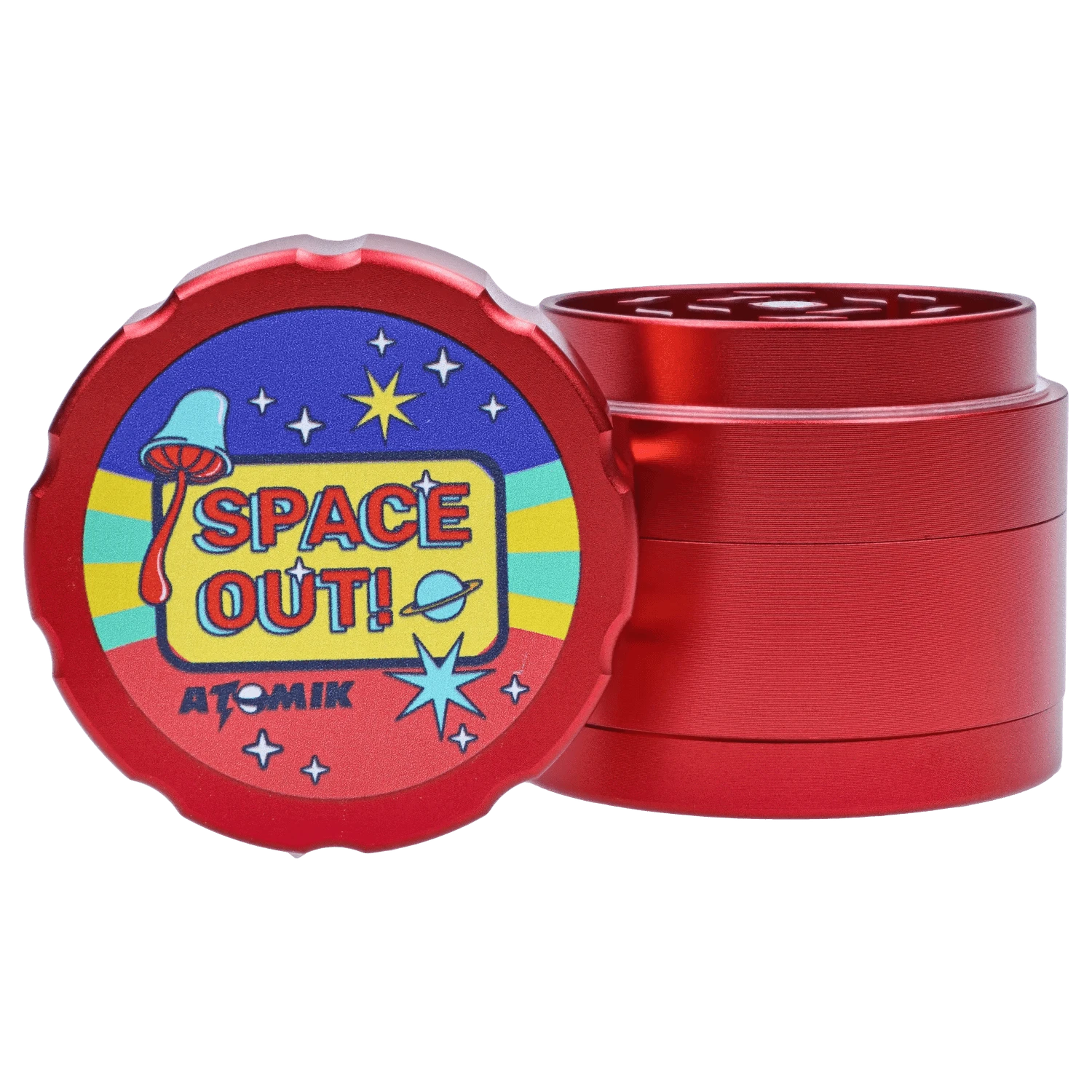 A close-up of the Atomik Spaced 55 mm 3-Stage Grinder, showcasing its stacked, metallic, circular design.