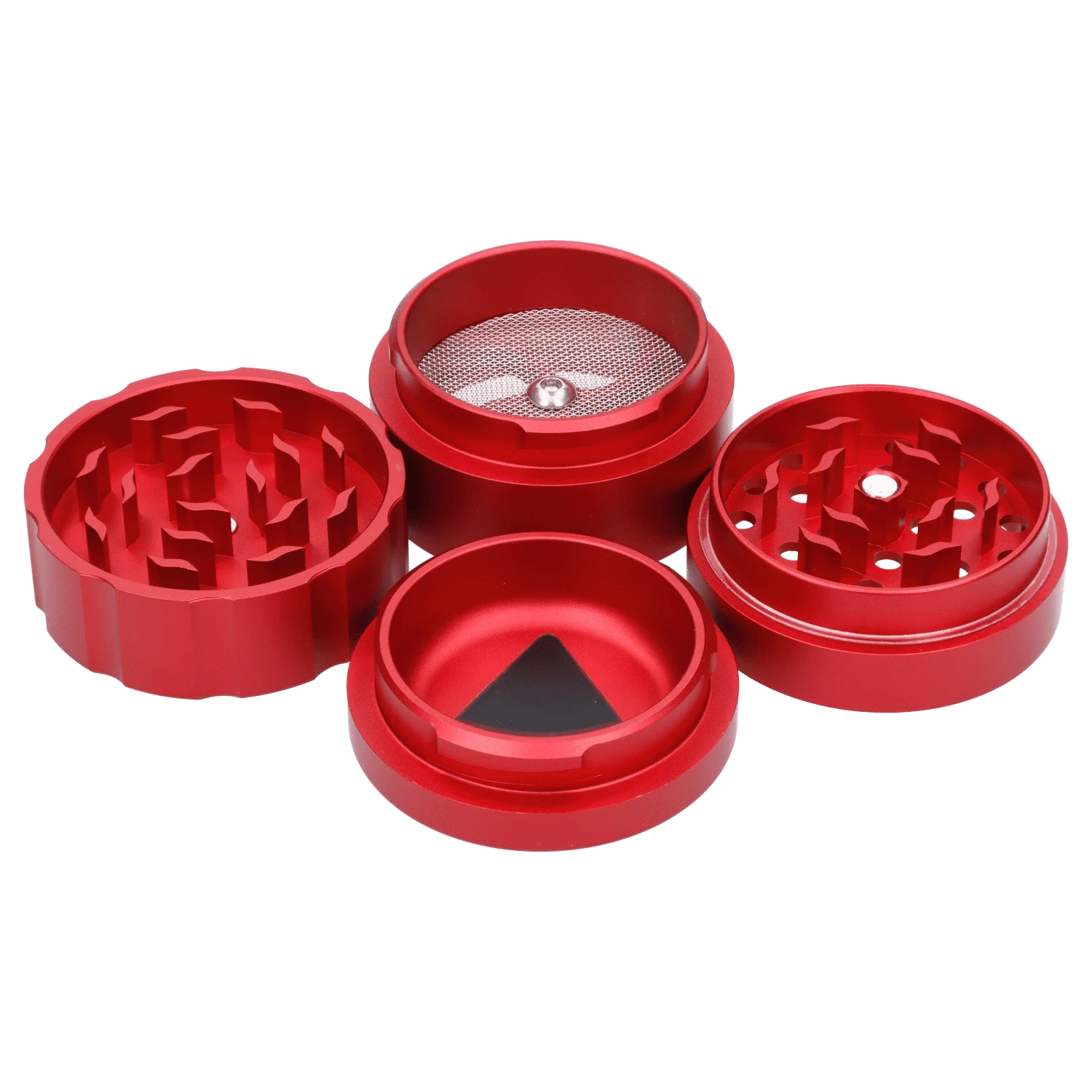 A top-down view of the disassembled Atomik Spaced 55 mm 3-Stage Grinder, showing its metallic components and multi-tiered design.