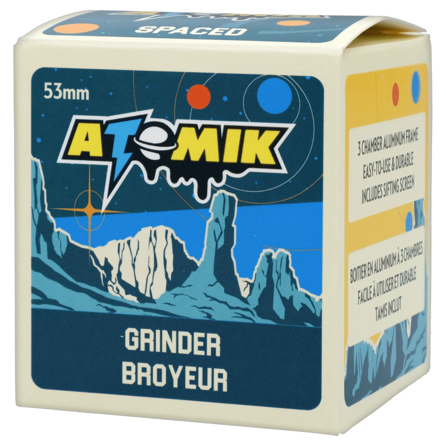 Close-up of the Atomik Spaced 55 mm 3-Stage Grinder, with a metallic finish, against a dark, starry background.