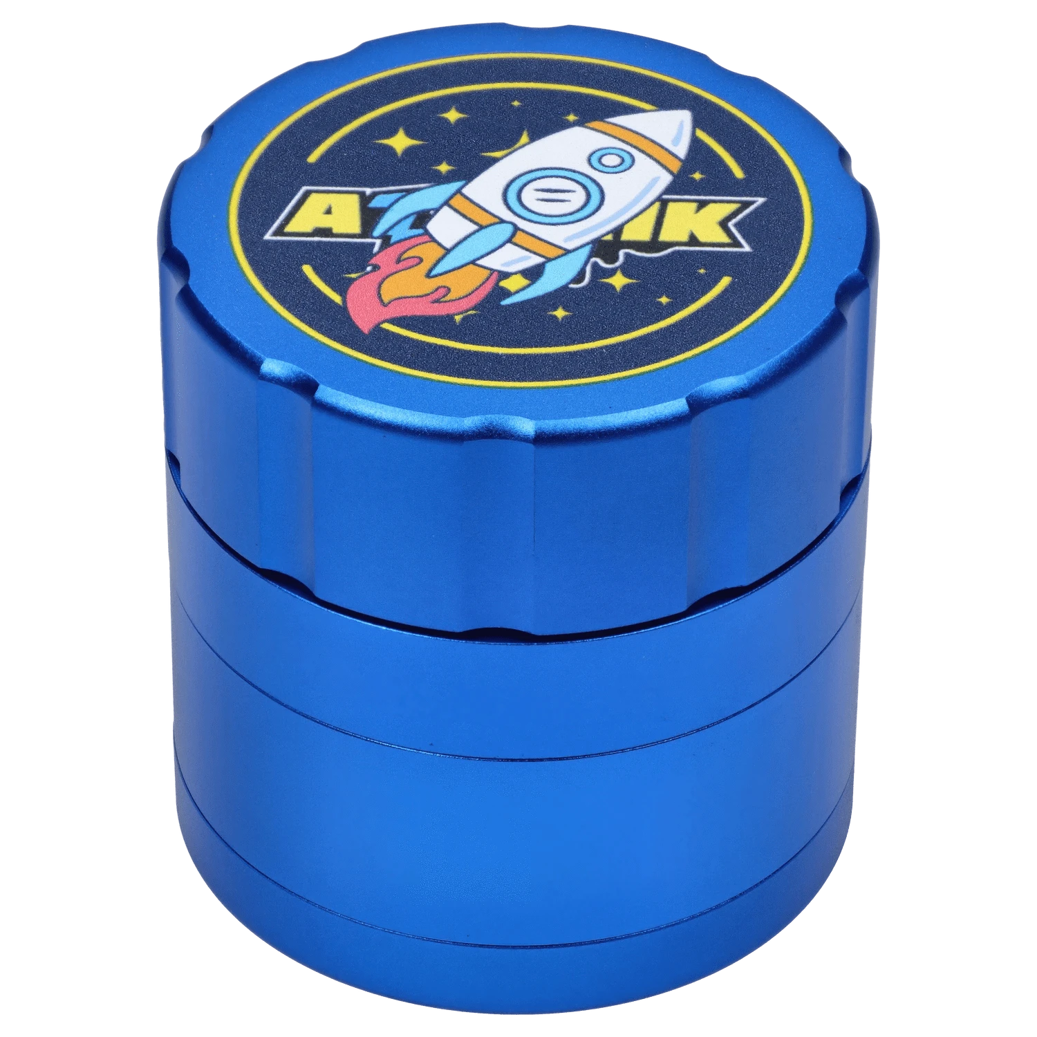 Front view of the Atomik Launched 55 mm 3-Stage Grinder, showcasing its sleek, blue metallic design with a cylindrical form.
