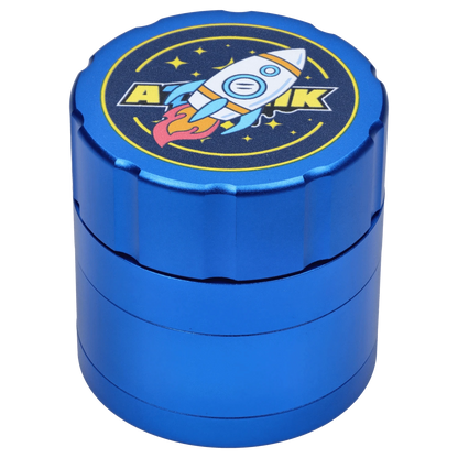 Front view of the Atomik Launched 55 mm 3-Stage Grinder, showcasing its sleek, blue metallic design with a cylindrical form.