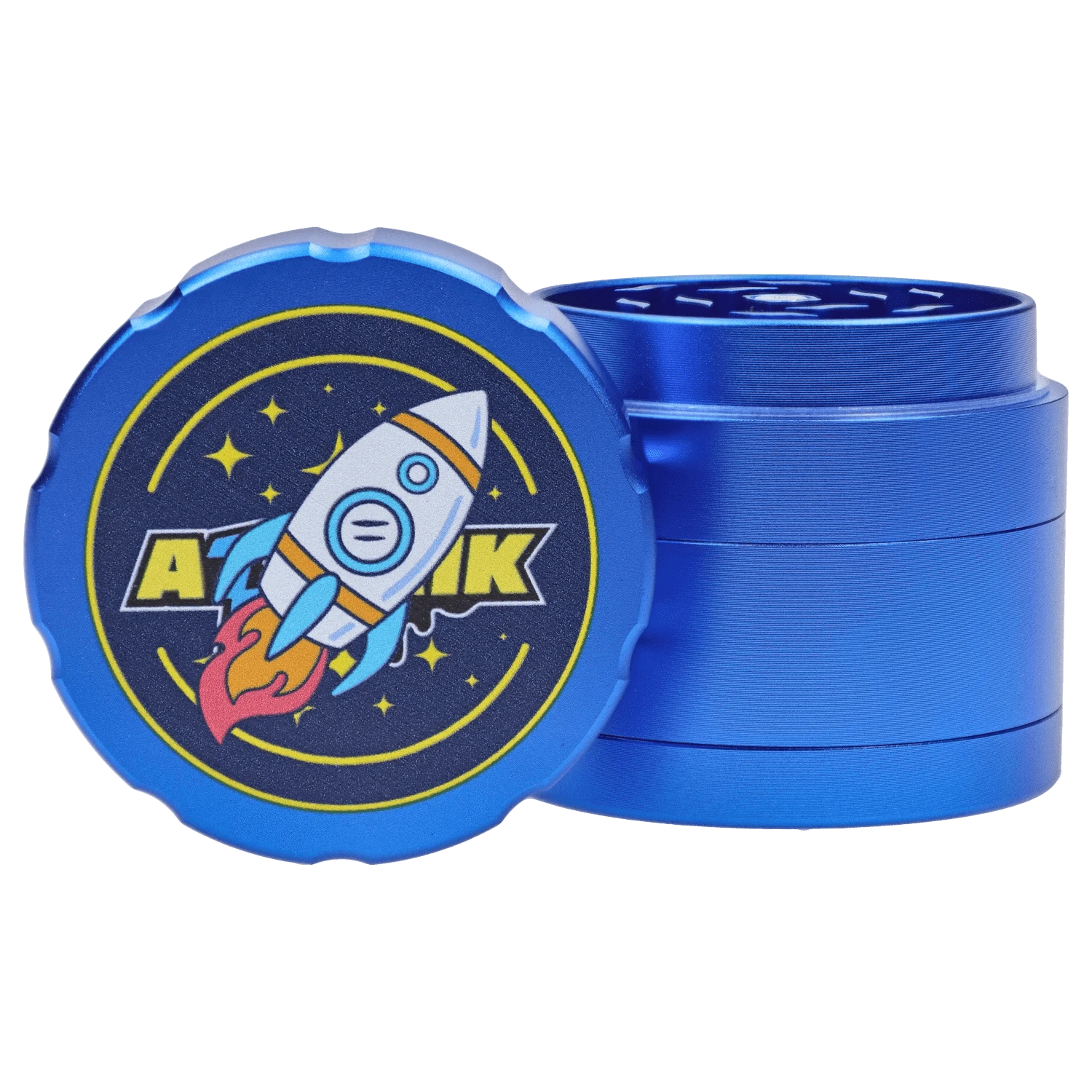 The Atomik Launched 55 mm 3-Stage Grinder, shown from a slight top angle, features four stacked, dark blue sections.