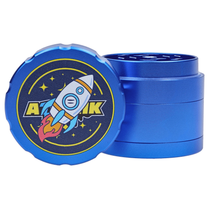 The Atomik Launched 55 mm 3-Stage Grinder, shown from a slight top angle, features four stacked, dark blue sections.