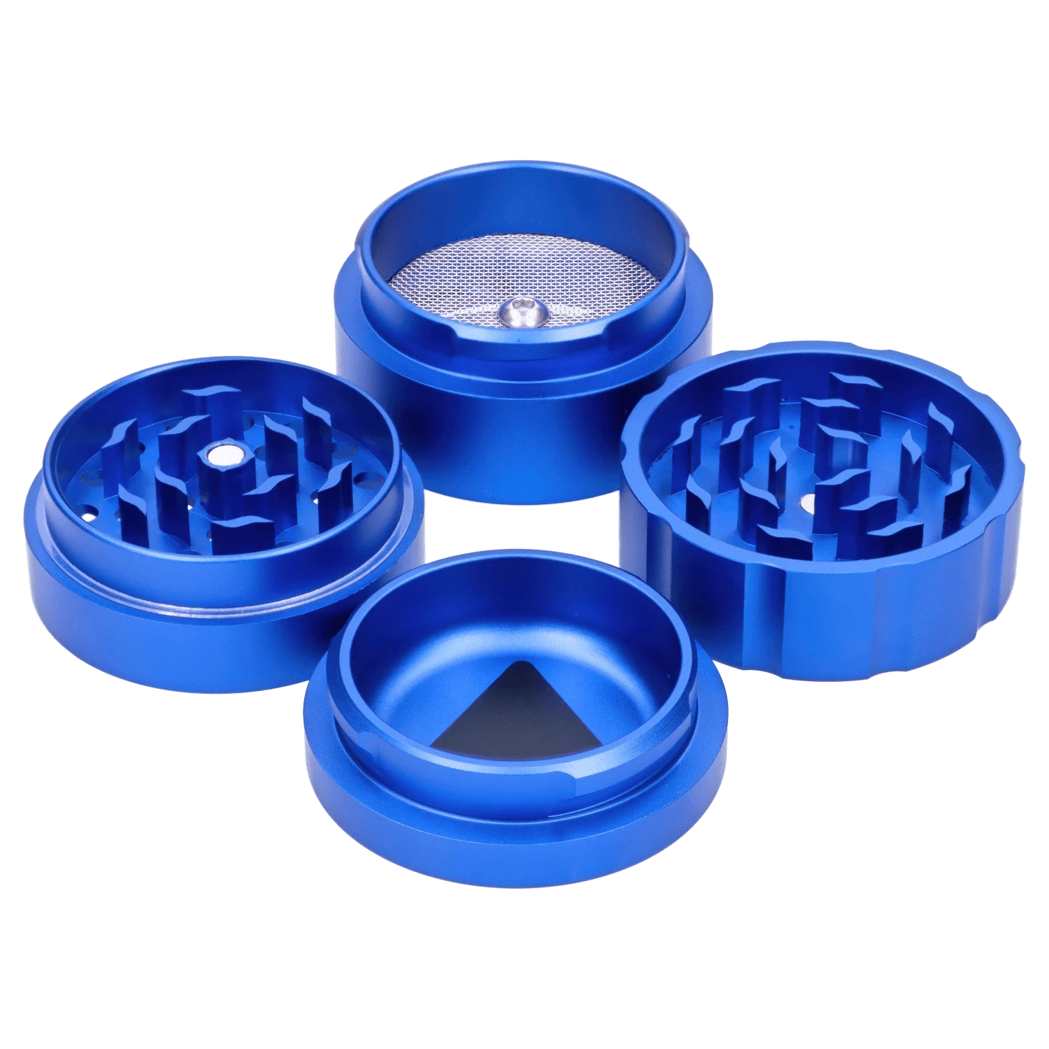 A top-down view of the Atomik Launched 55 mm 3-Stage Grinder, displaying its three silver-toned grinding stages and blue exterior.
