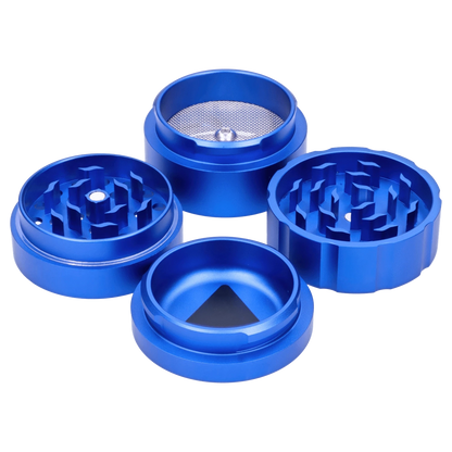 A top-down view of the Atomik Launched 55 mm 3-Stage Grinder, displaying its three silver-toned grinding stages and blue exterior.
