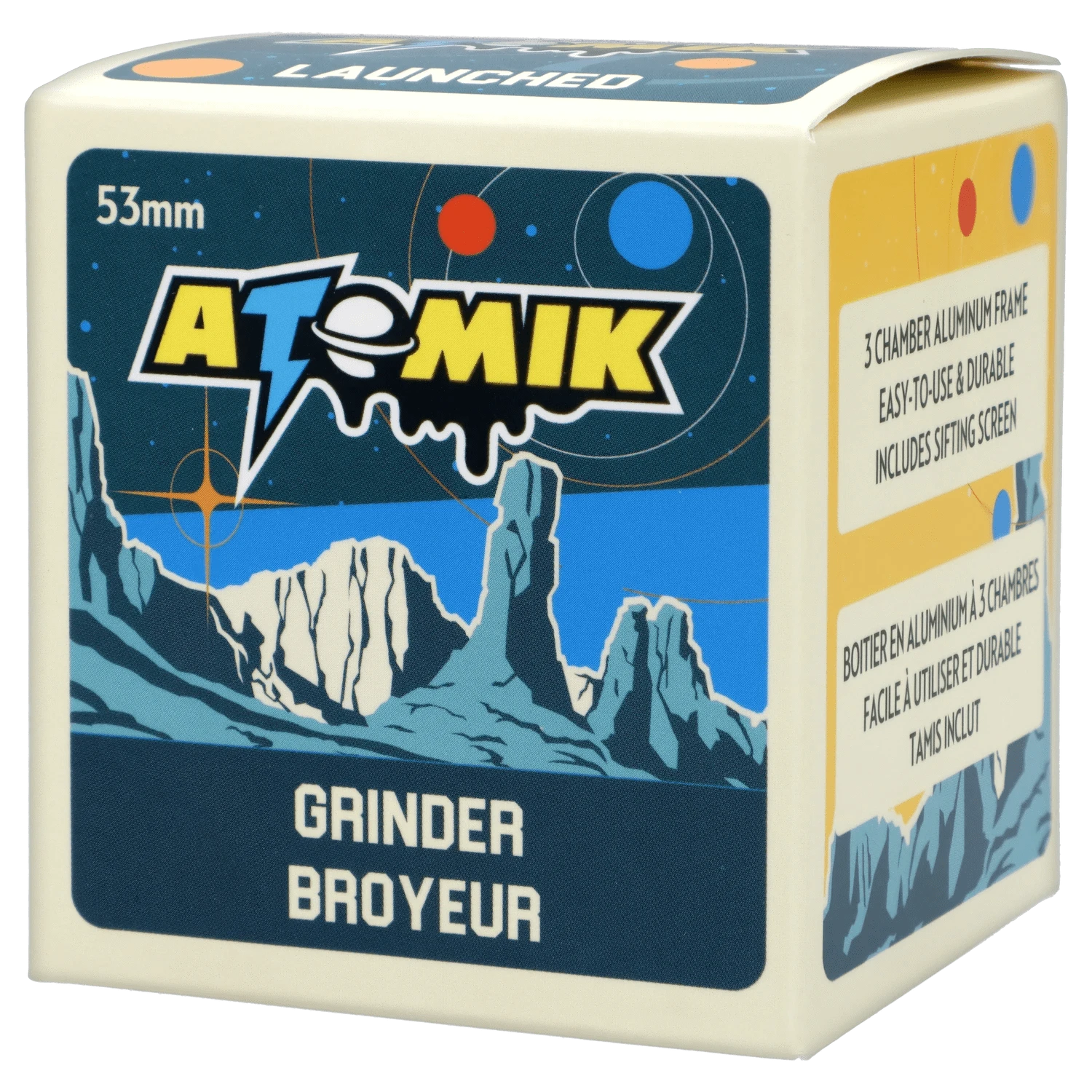 Front view of the Atomik Launched 55 mm 3-Stage Grinder, featuring a blue and silver graphic design on a black background.