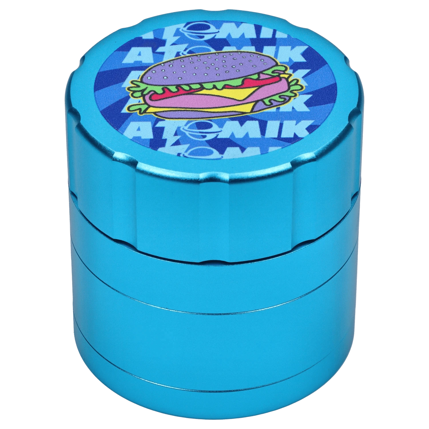 A front view of the Atomik Cheesed 55 mm 3-Stage Grinder, showcasing its blue metallic finish and circular design.