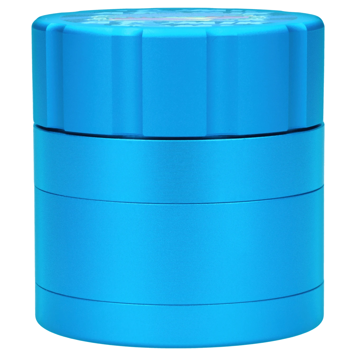 Front view of the Atomik Cheesed 55 mm 3-Stage Grinder, showcasing its metallic, multi-tiered design and textured grip.