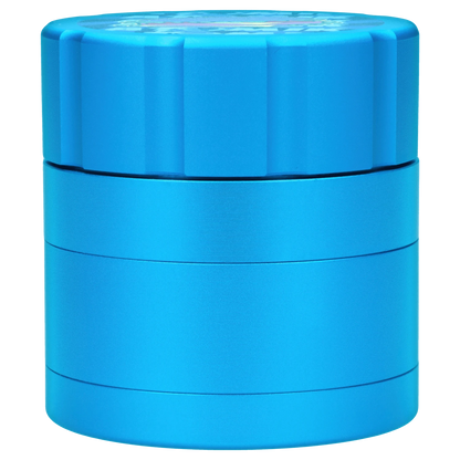 Front view of the Atomik Cheesed 55 mm 3-Stage Grinder, showcasing its metallic, multi-tiered design and textured grip.