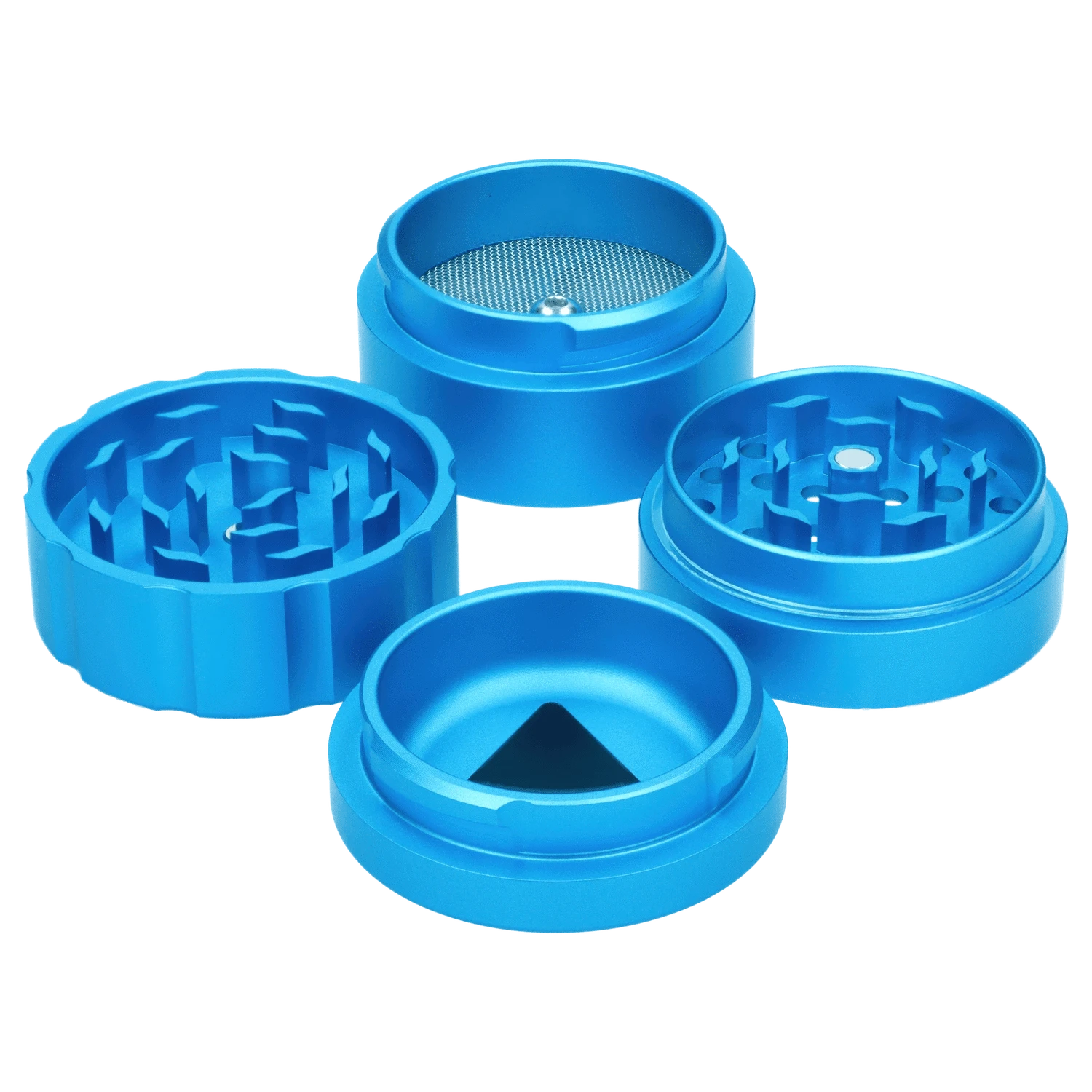 Overhead view of the Atomik Cheesed 55 mm 3-Stage Grinder, disassembled to showcase its multi-tiered, metallic finish.