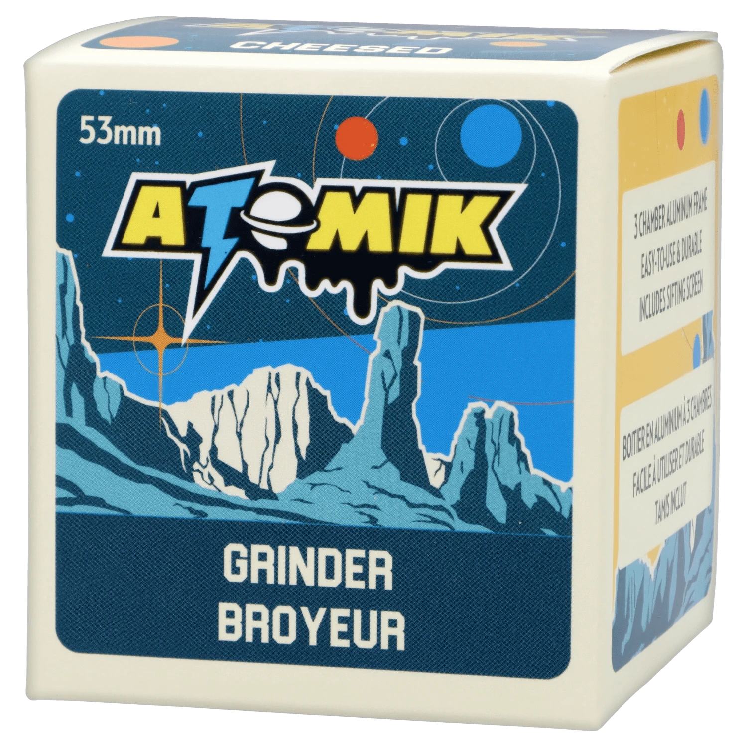 Front view of the Atomik Cheesed 55 mm 3-Stage Grinder, displaying a bold logo on its metallic, textured surface.