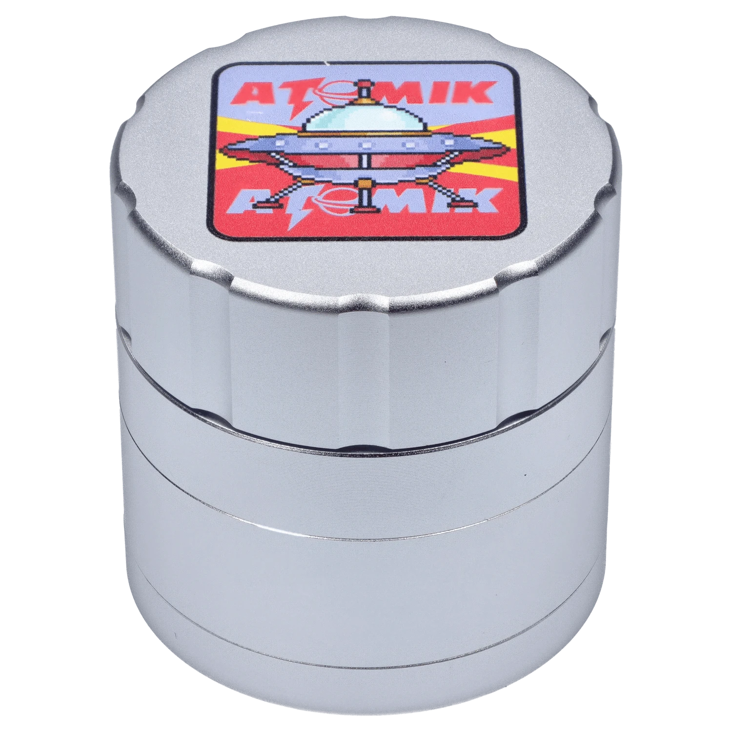 A top-down view of the Atomik Landed 55 mm 3-Stage Grinder, showcasing its metallic finish and tiered design.