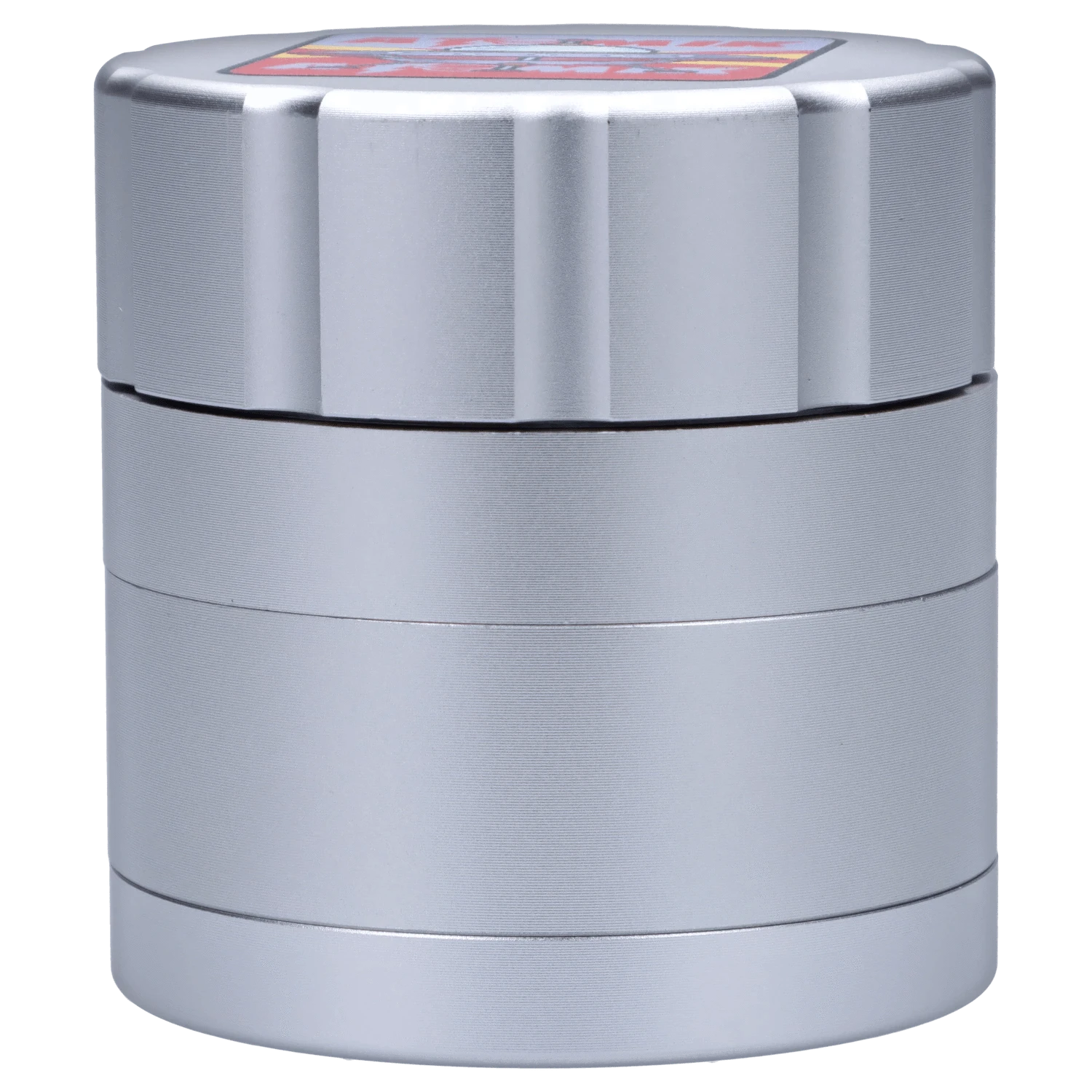 Front view of the Atomik Landed 55 mm 3-Stage Grinder, showcasing its metallic finish and cylindrical shape.