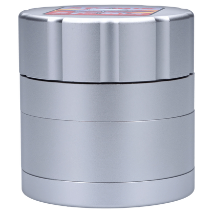 Front view of the Atomik Landed 55 mm 3-Stage Grinder, showcasing its metallic finish and cylindrical shape.