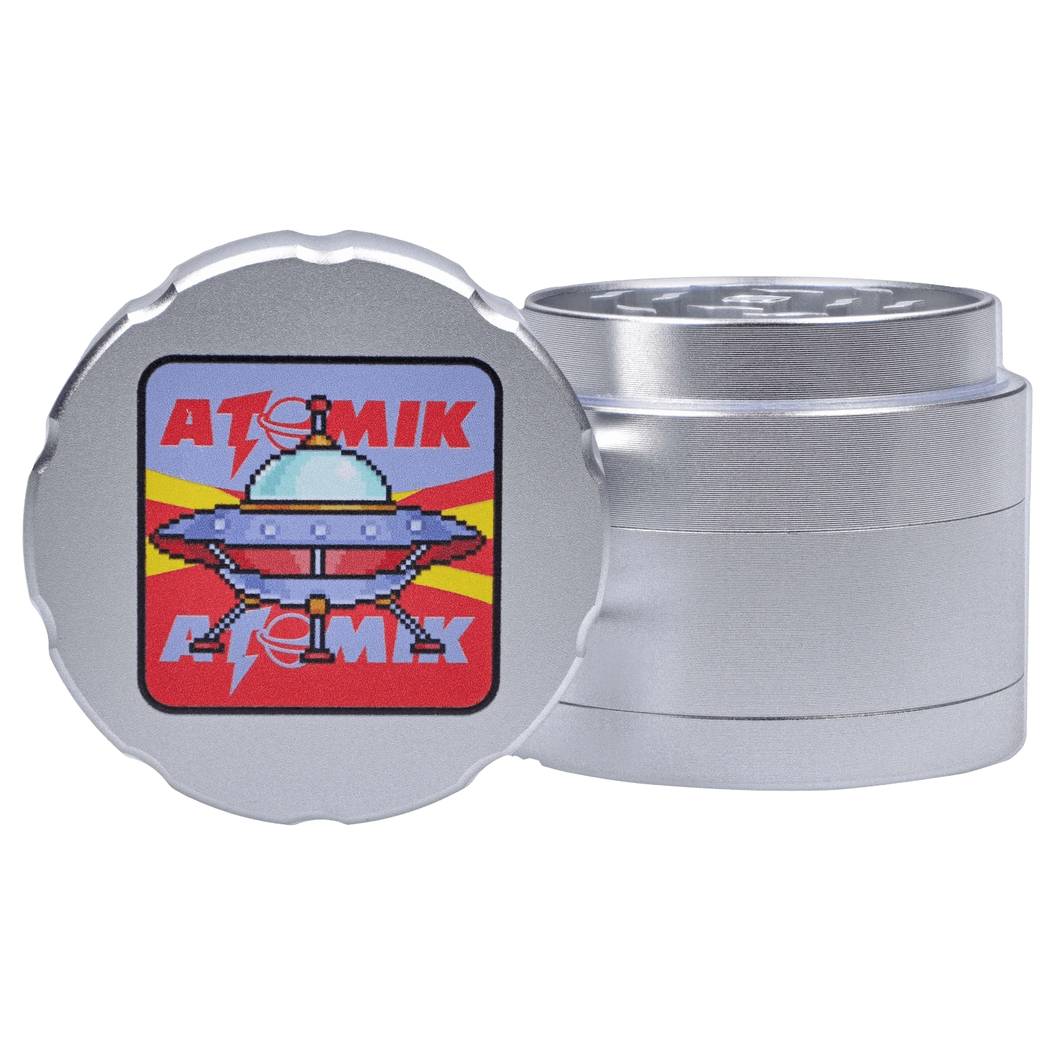 Front view of the Atomik Landed 55 mm 3-Stage Grinder, a metallic, cylindrical grinder with tiered levels, shown against a plain white background.