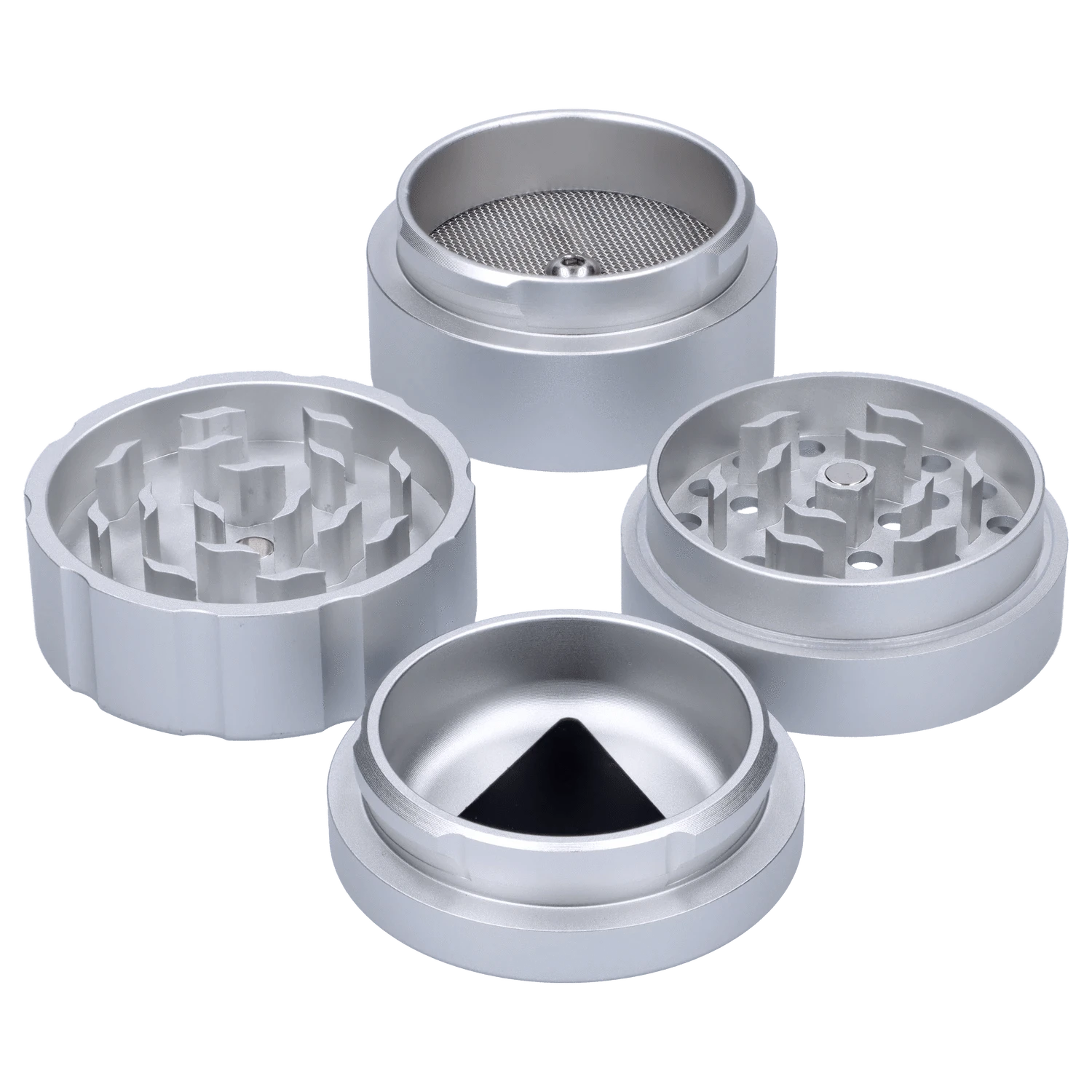 A top-down view of the Atomik Landed 55 mm 3-Stage Grinder with its three sections displayed in a circular arrangement on a white background.