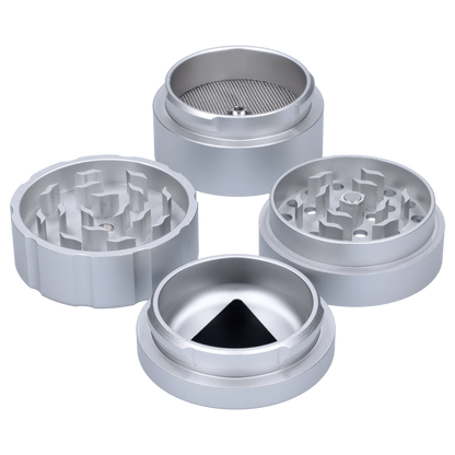 A top-down view of the Atomik Landed 55 mm 3-Stage Grinder with its three sections displayed in a circular arrangement on a white background.