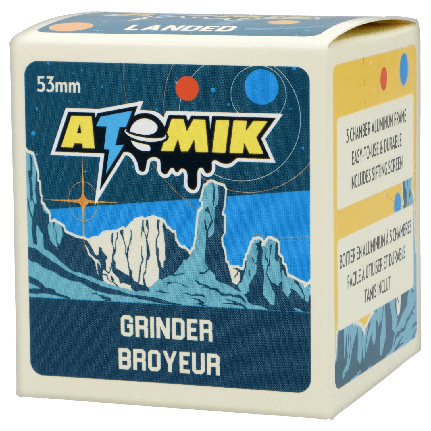 Front view of the Atomik Landed 55 mm 3-Stage Grinder, featuring a metallic finish and detailed branding on a dark background.