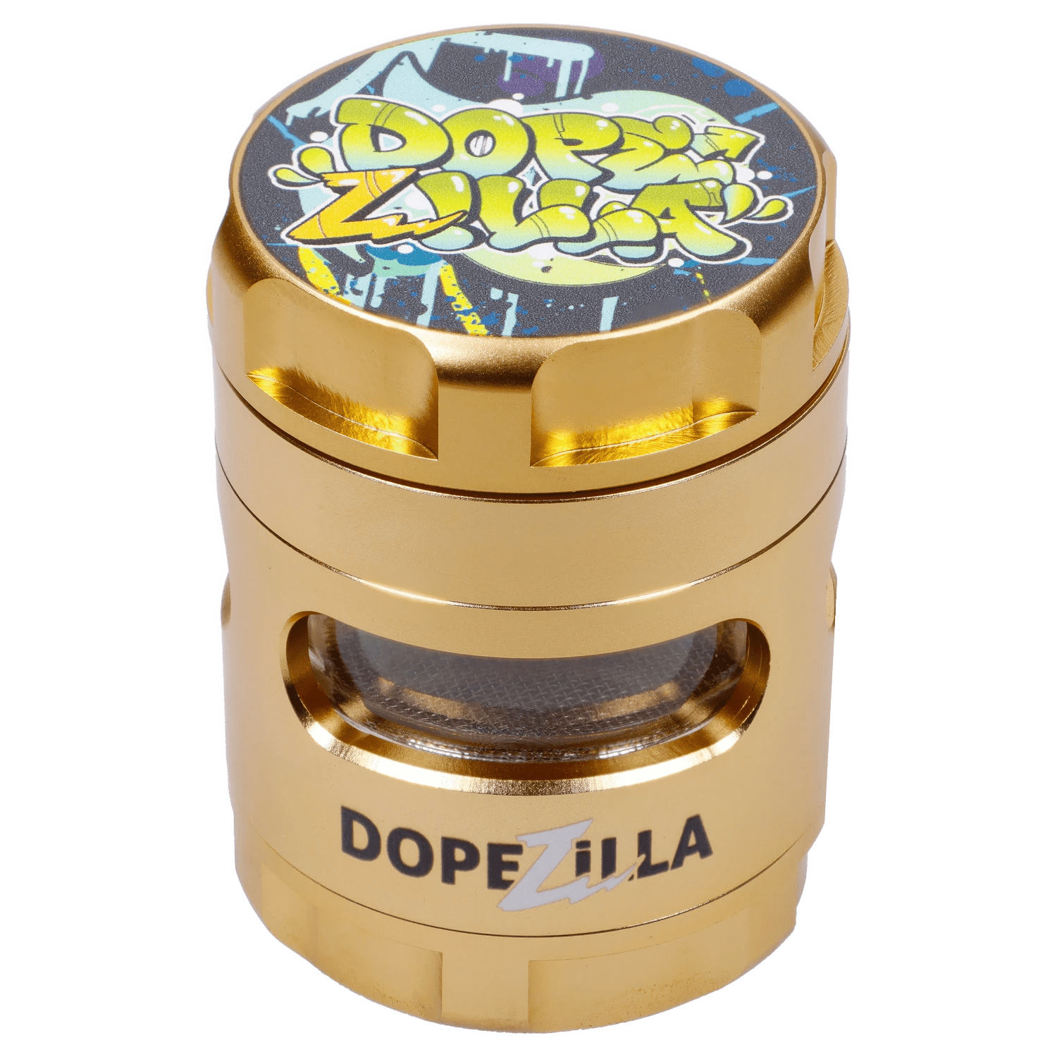Angled close-up of the Dopezilla Space Pod 3-Stage 50 mm Grinder - Air showing its gold metal finish, graffiti-style logo top, and mesh viewing window.