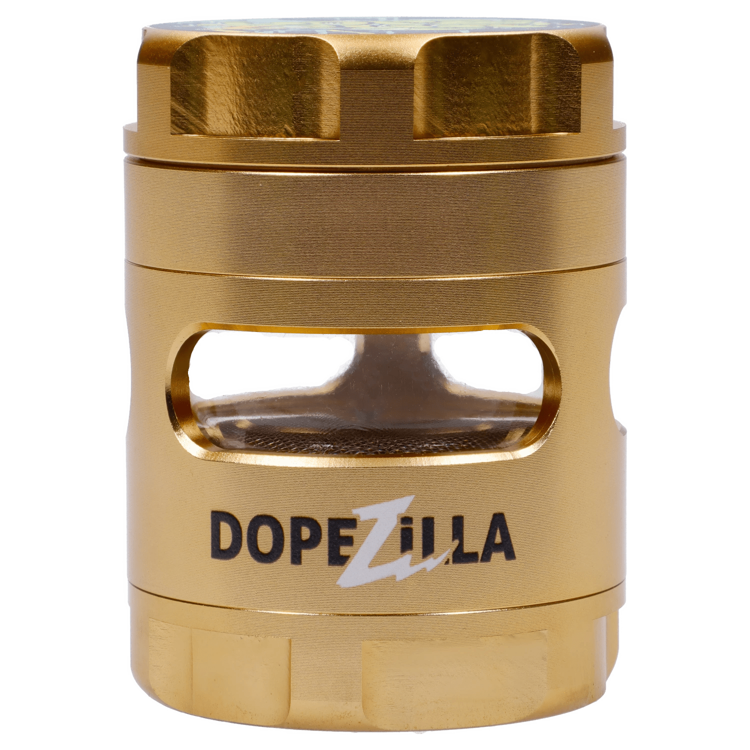 Close-up front view of the gold Dopezilla Space Pod 3-Stage 50 mm Grinder - Air showing its textured cylindrical body, top knurled cap, and rectangular window revealing the mesh screen.