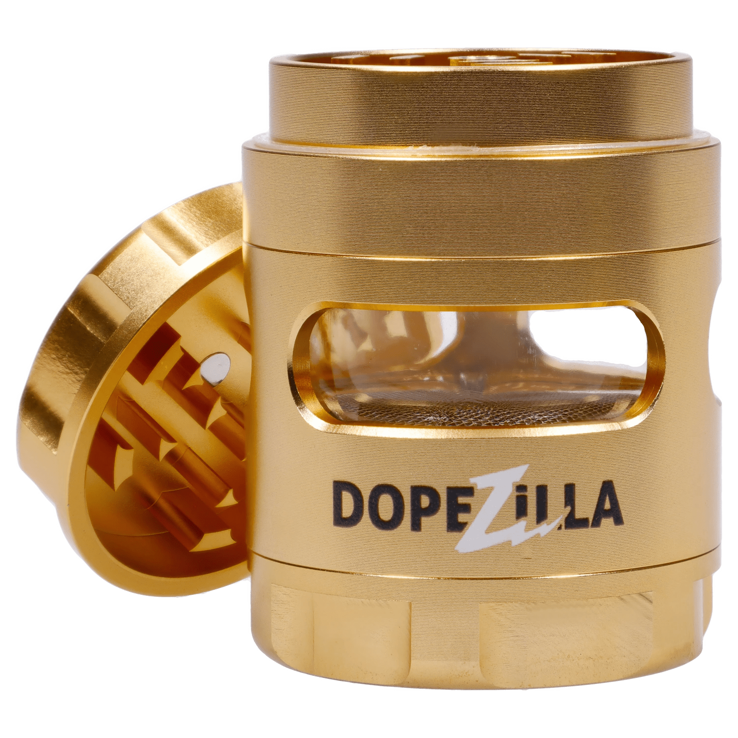 Close-up front view of the gold Dopezilla Space Pod 3-Stage 50 mm Grinder - Air showing its open lid, internal teeth and clear window.