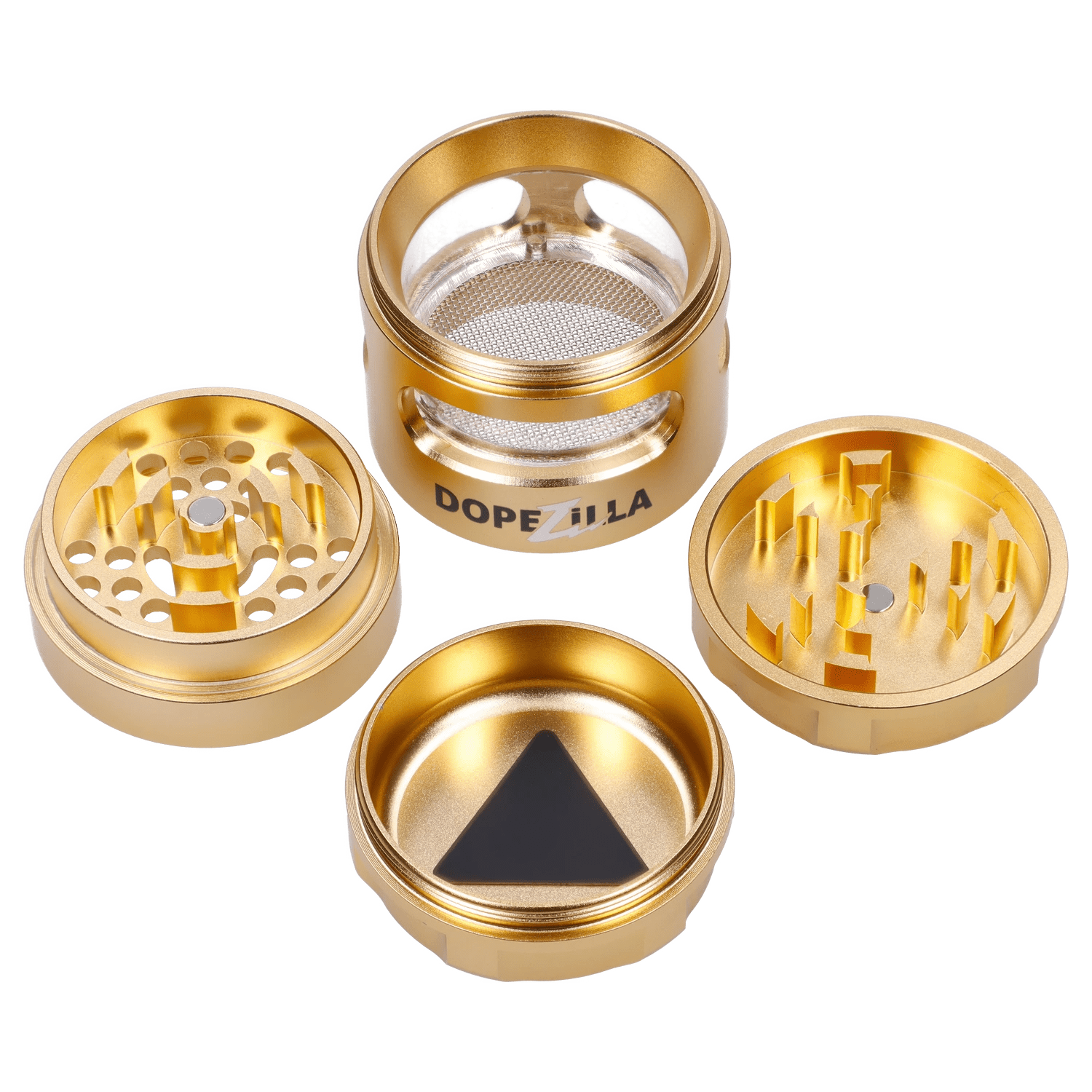 Top-down view of the gold Dopezilla Space Pod 3-Stage 50 mm Grinder - Air disassembled into four circular parts showing tooth patterns, a mesh screen, and branded side.